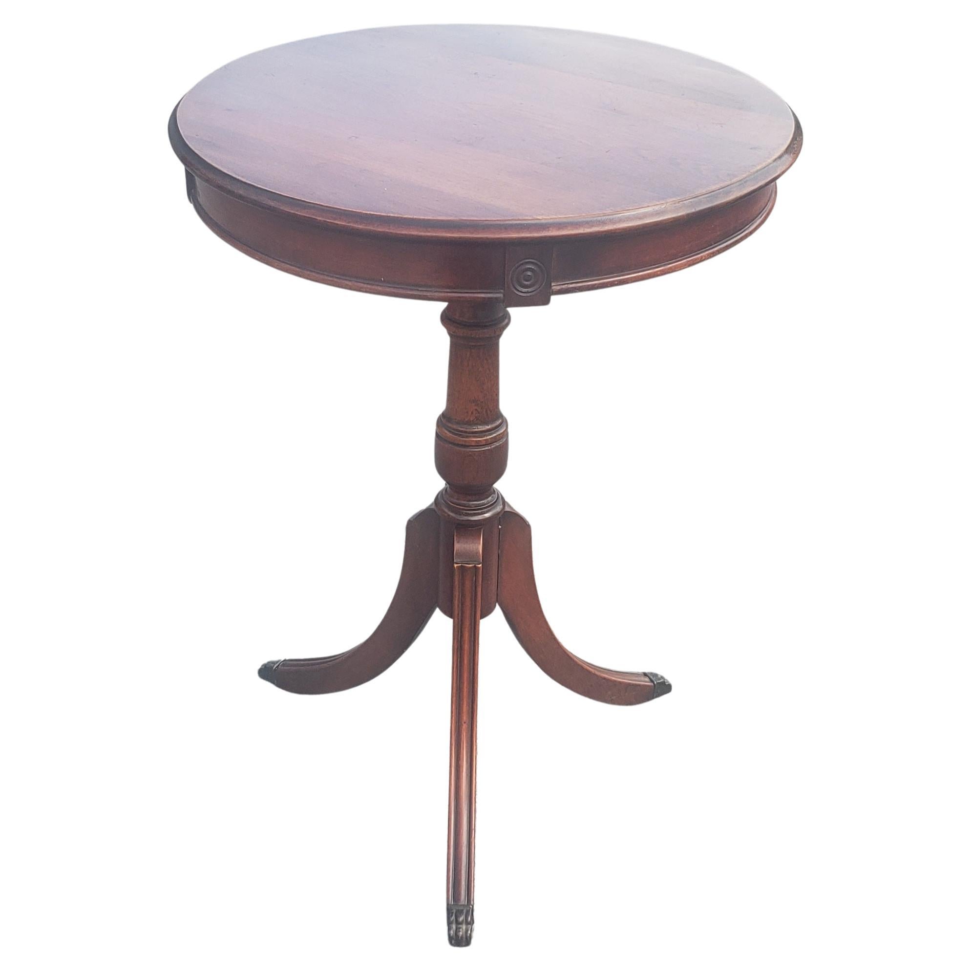 Midcentury Mahogany Pedestal Tripod Drum Side Table with Paw Feet In Good Condition For Sale In Germantown, MD