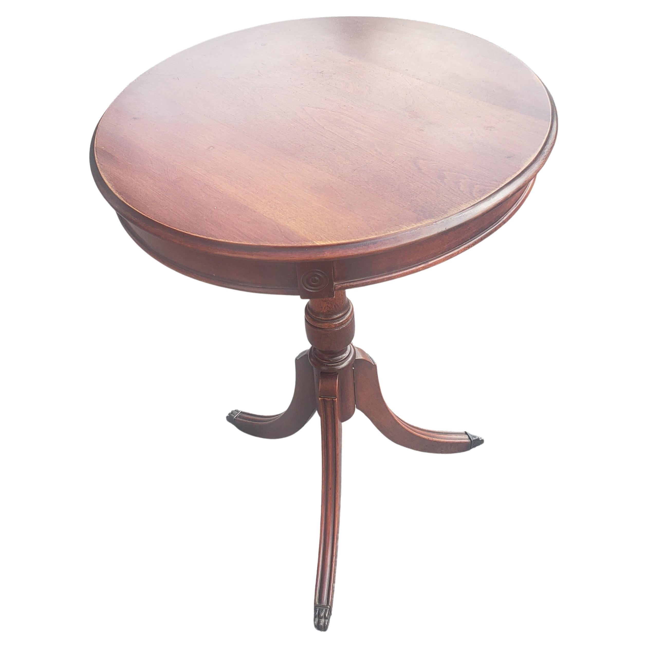 Midcentury Mahogany Pedestal Tripod Drum Side Table with Paw Feet For Sale