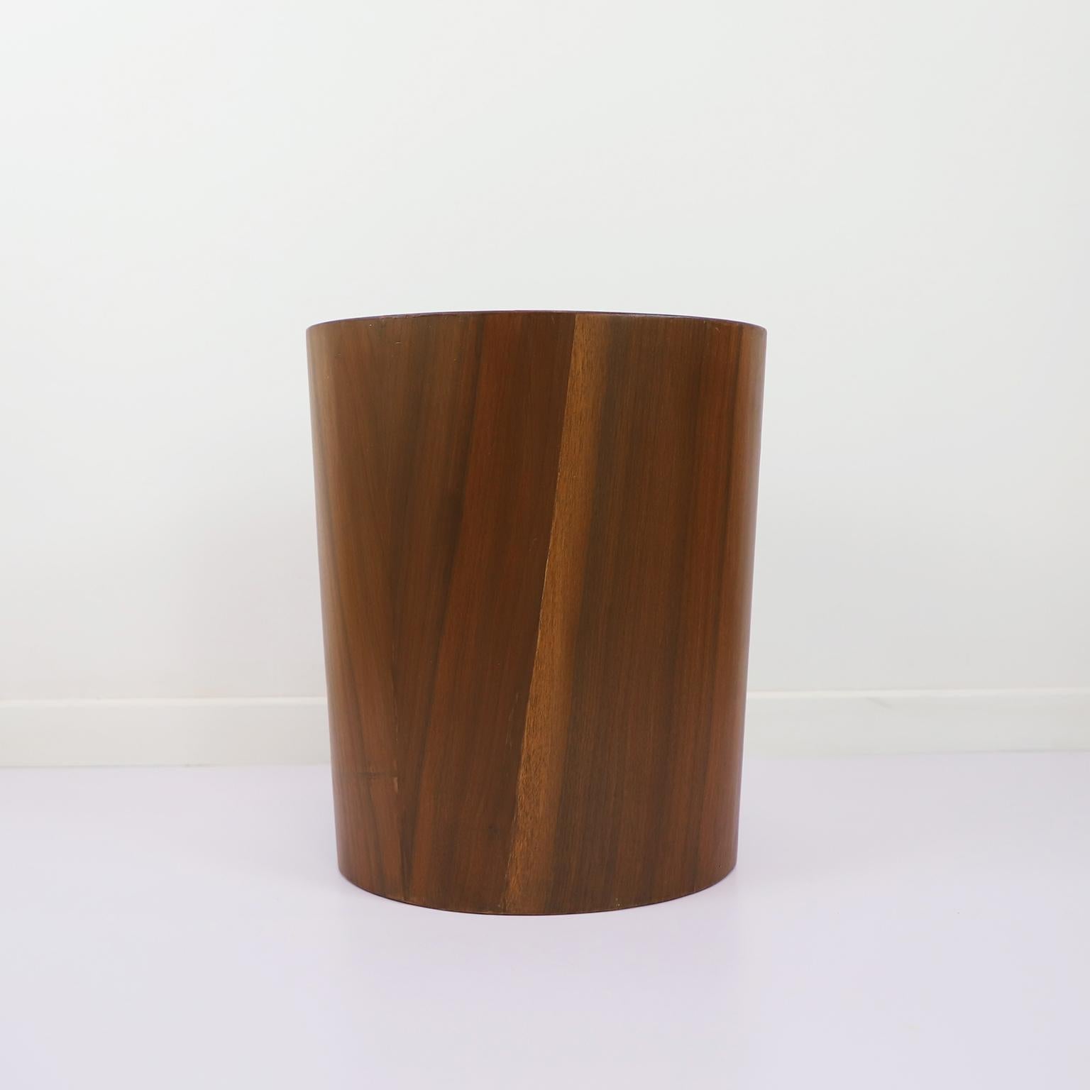 Circa 1960, We offer this mid century Mahogany Plywood trash can. Recently restored.