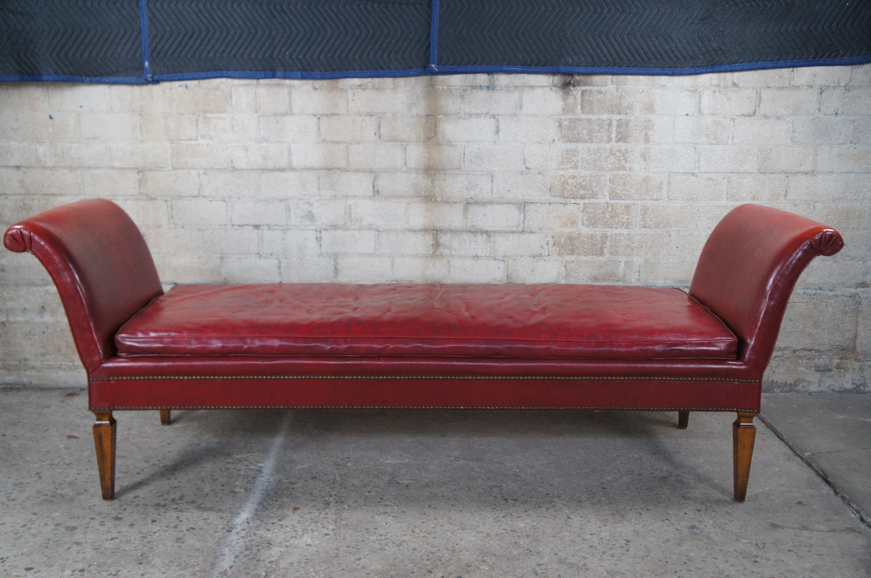 Midcentury Mahogany & Red Leather Scroll Arm Chaise Lounge Daybed Bench For Sale 5