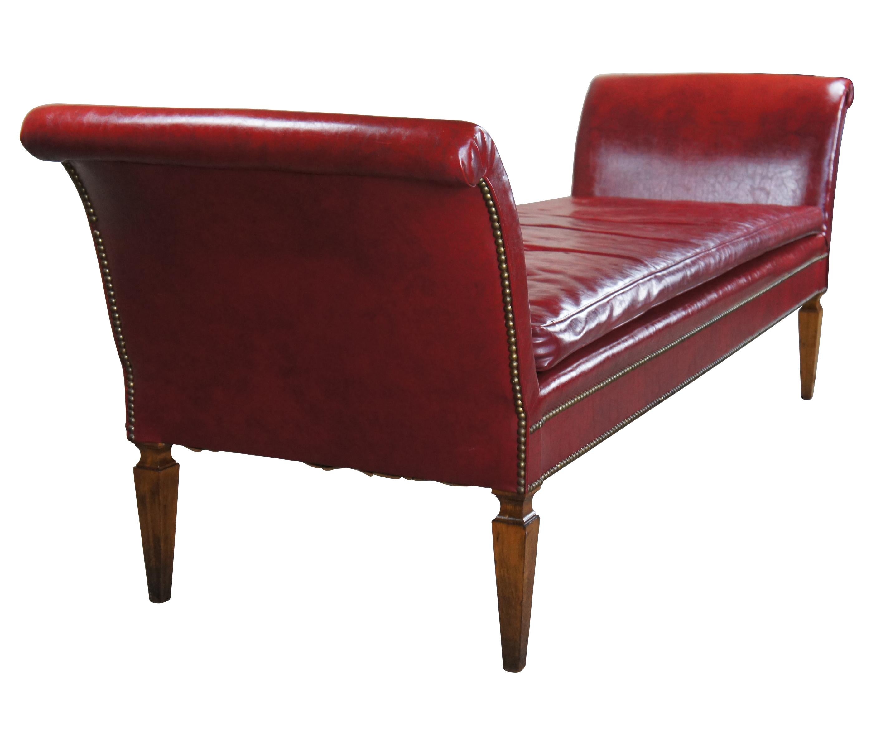 Mid-Century Modern Midcentury Mahogany & Red Leather Scroll Arm Chaise Lounge Daybed Bench For Sale