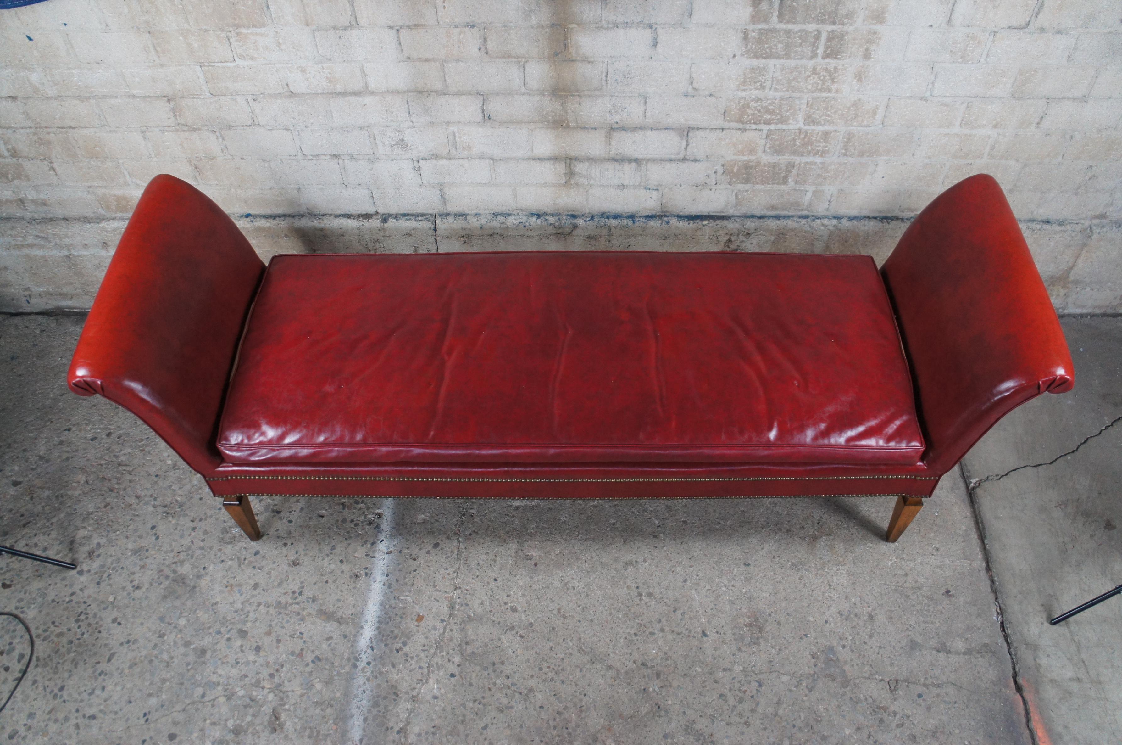 Midcentury Mahogany & Red Leather Scroll Arm Chaise Lounge Daybed Bench For Sale 1
