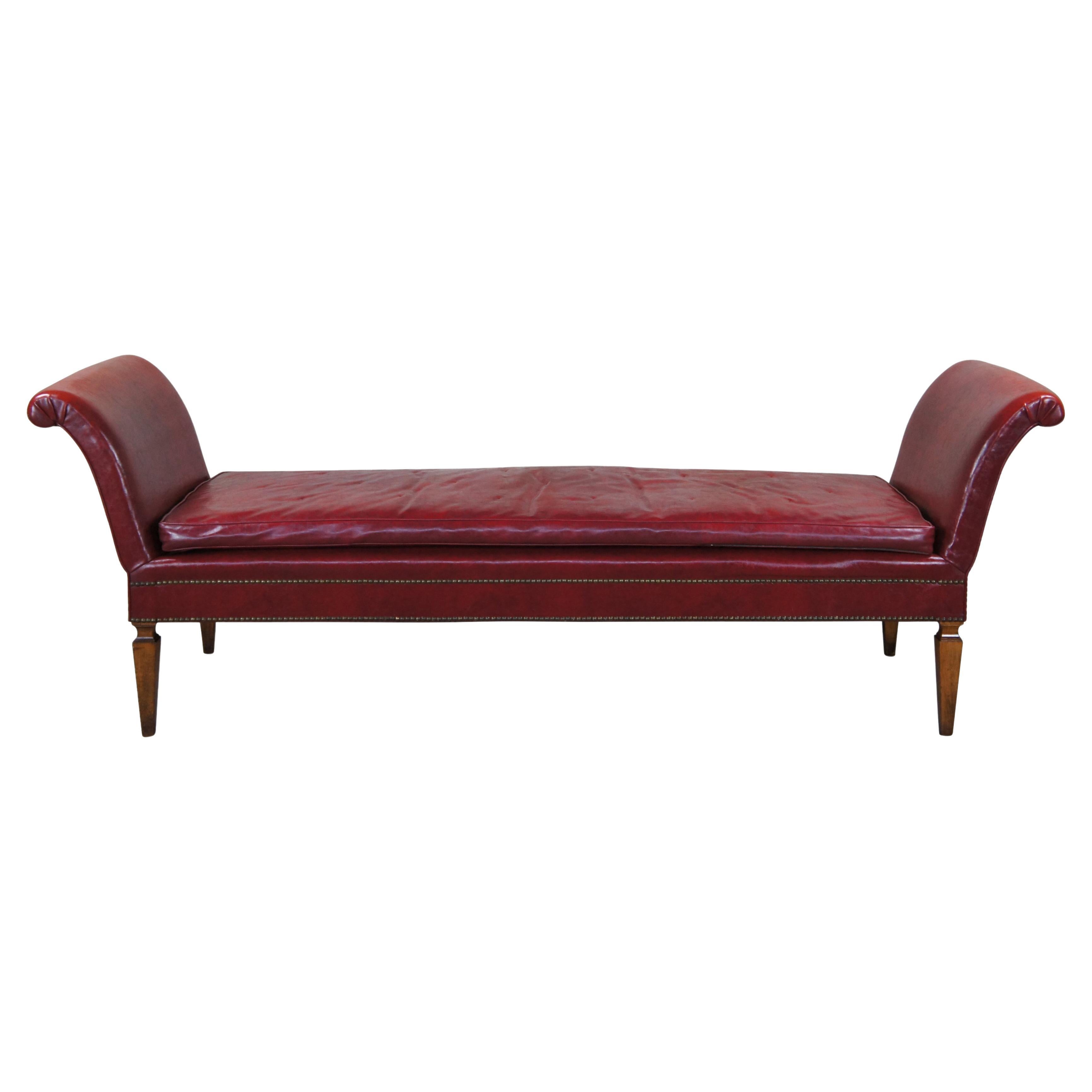 Midcentury Mahogany & Red Leather Scroll Arm Chaise Lounge Daybed Bench