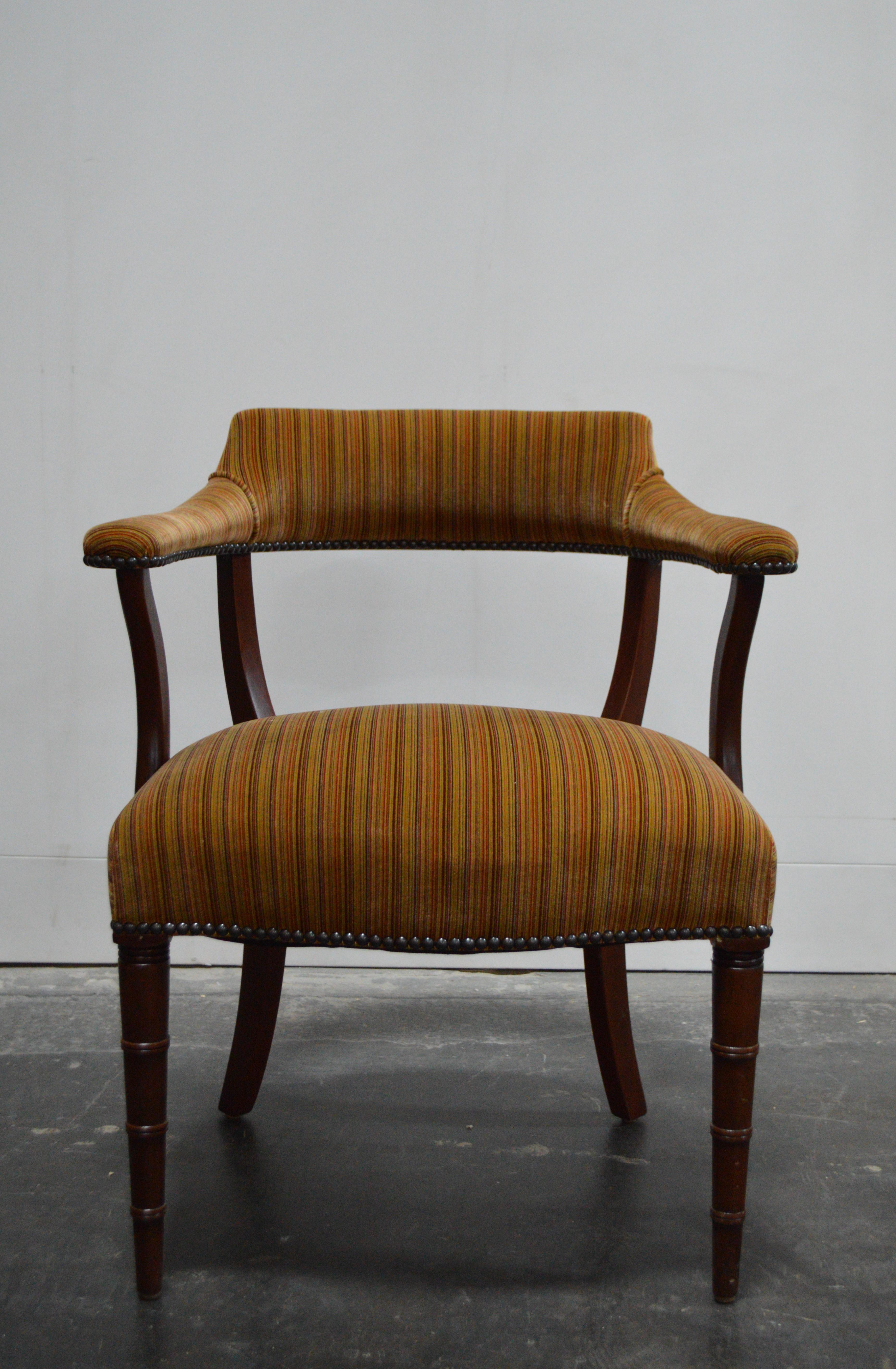 Mid-20th Century Midcentury Mahogany Regency Style Barrel Library Chair with Faux Bamboo Legs