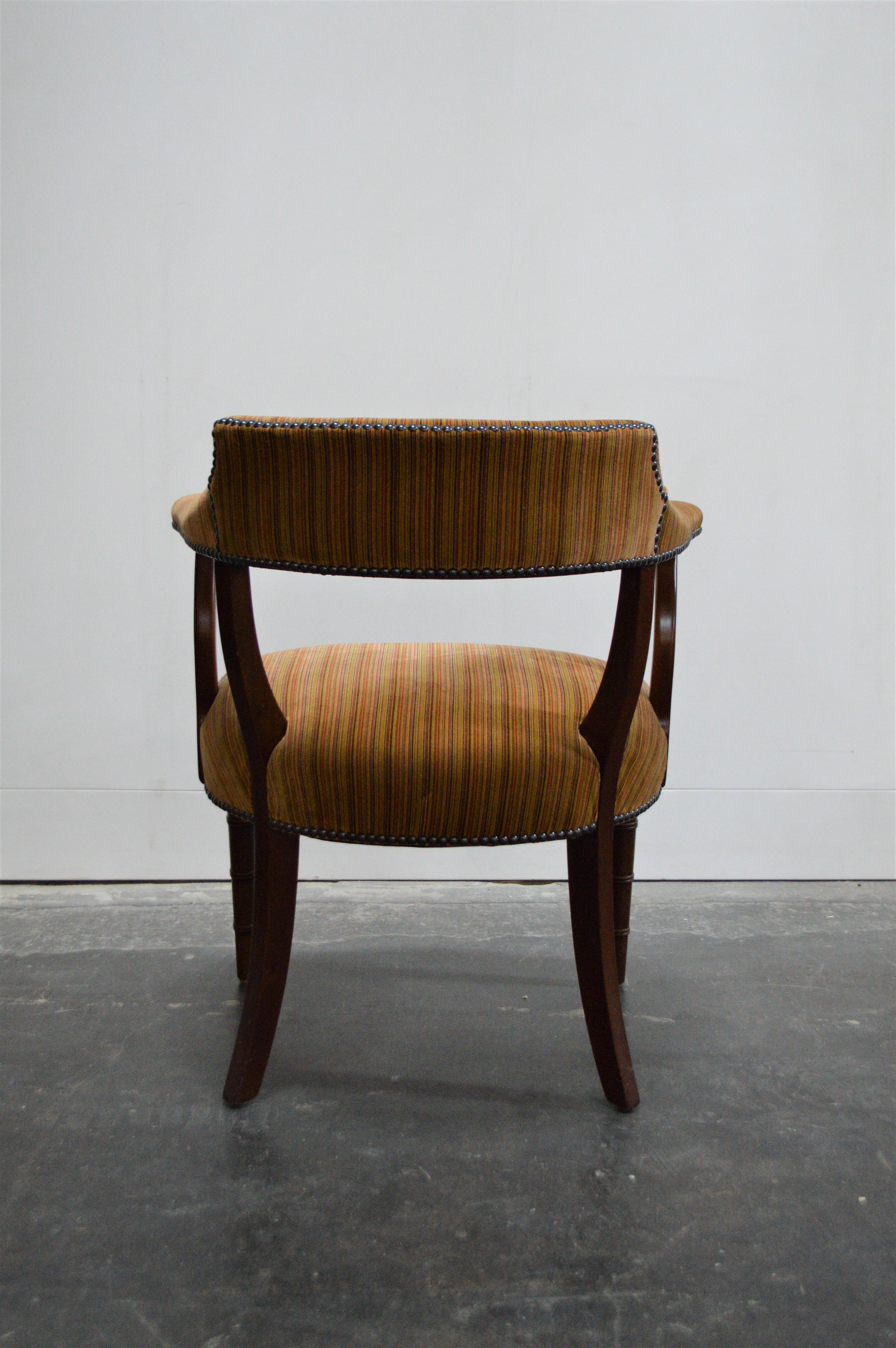 Fabric Midcentury Mahogany Regency Style Barrel Library Chair with Faux Bamboo Legs