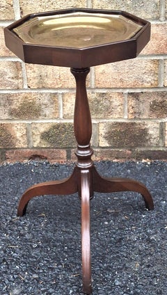 Mid Century Mahogany Spide Legs Octogonal Candle Stand With Brass Tray Top