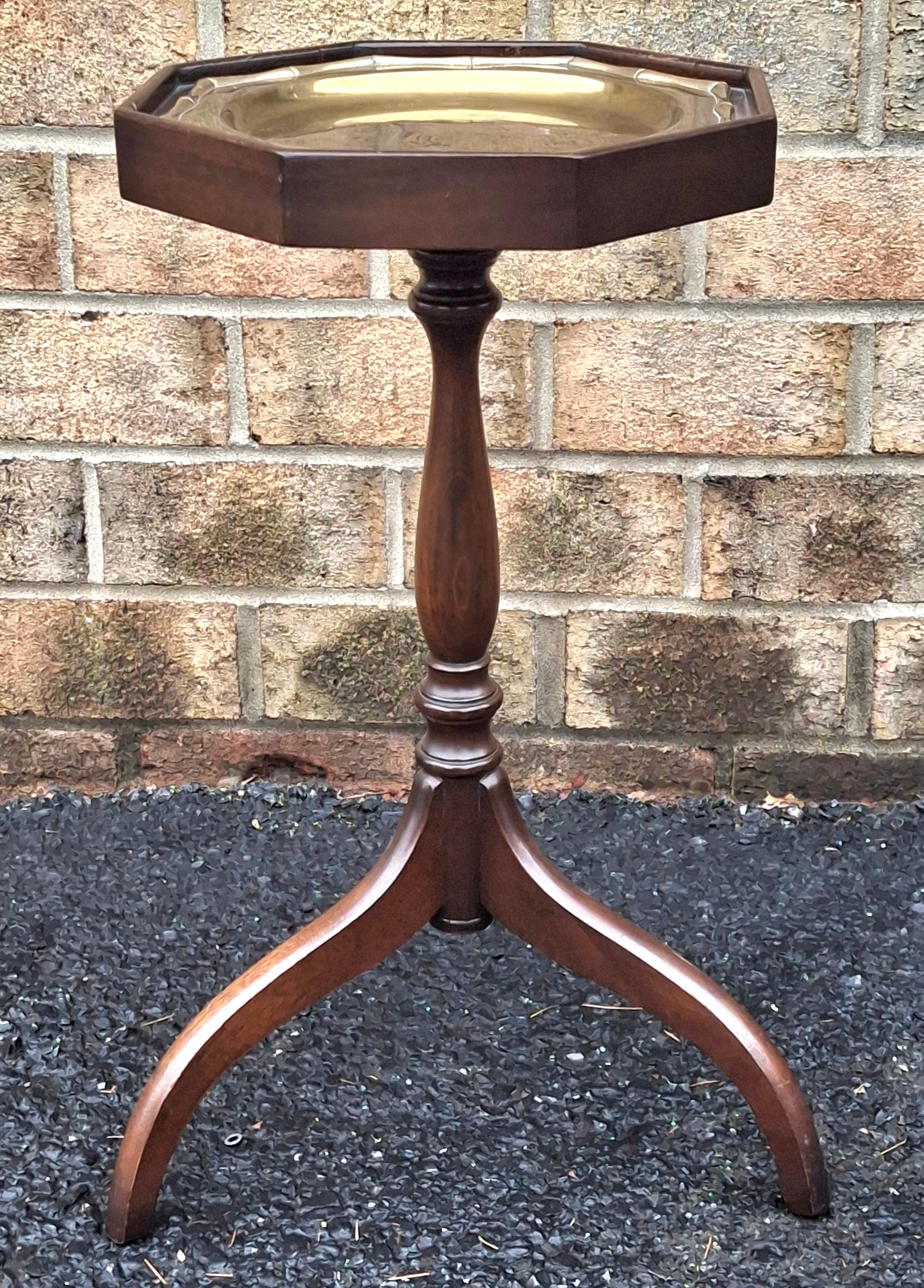 Stained Mid Century Mahogany Spide Legs Octogonal Candle Stand With Brass Tray Top For Sale