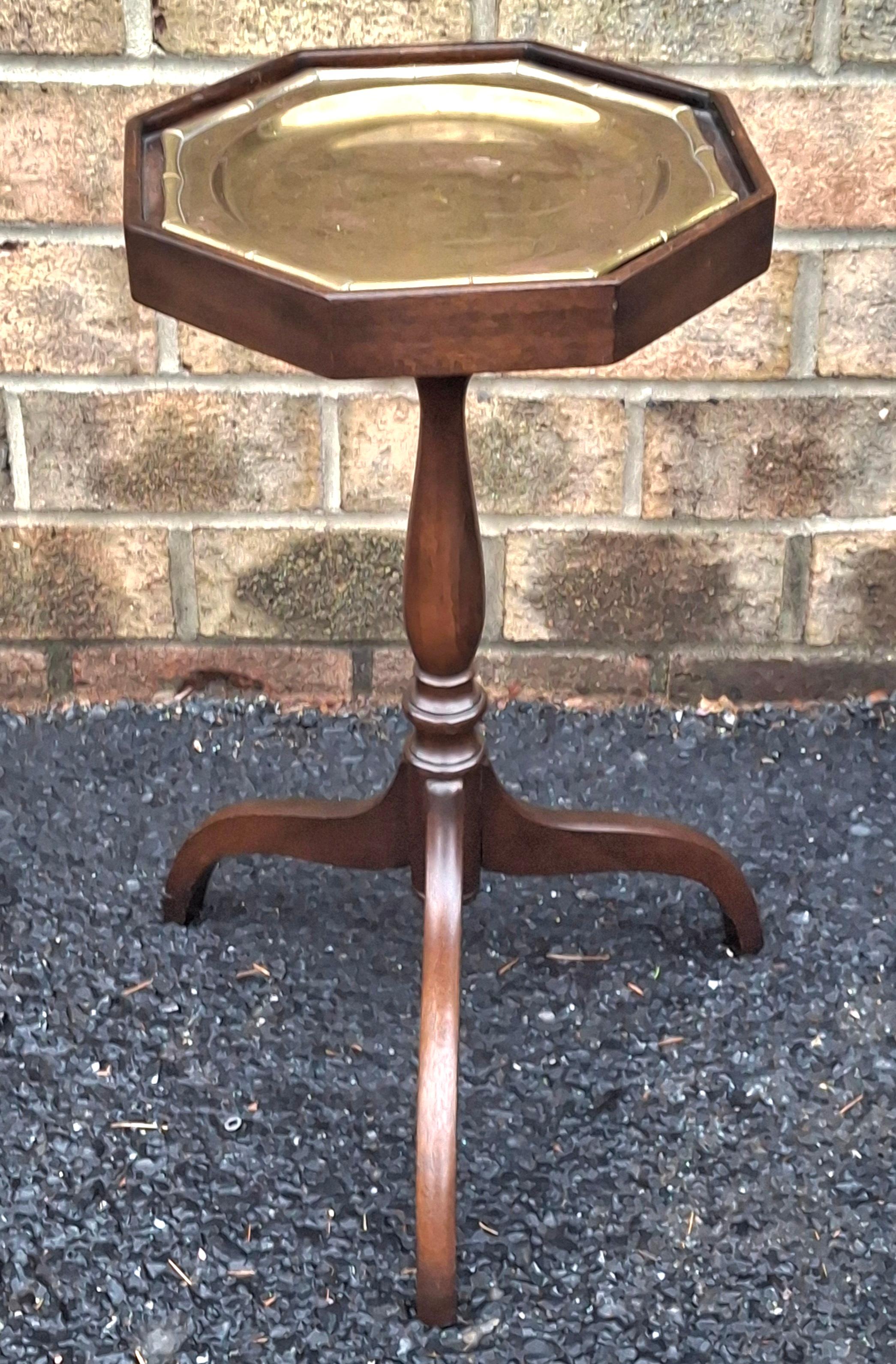 Mid Century Mahogany Spide Legs Octogonal Candle Stand With Brass Tray Top For Sale 1