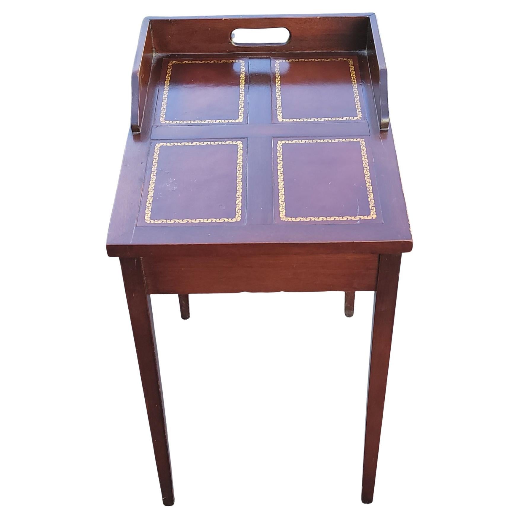 American Mid-Century Mahogany Stinciled Leather Top Candle Stand Side Table For Sale
