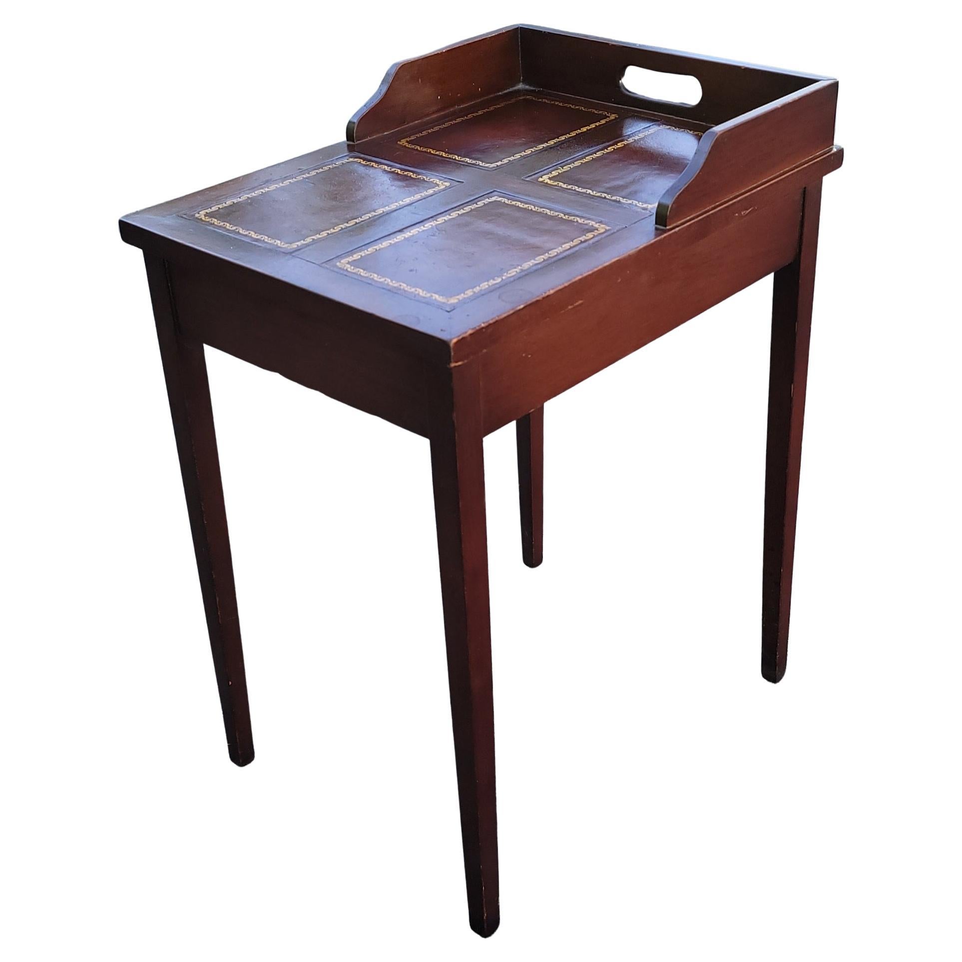 Woodwork Mid-Century Mahogany Stinciled Leather Top Candle Stand Side Table For Sale
