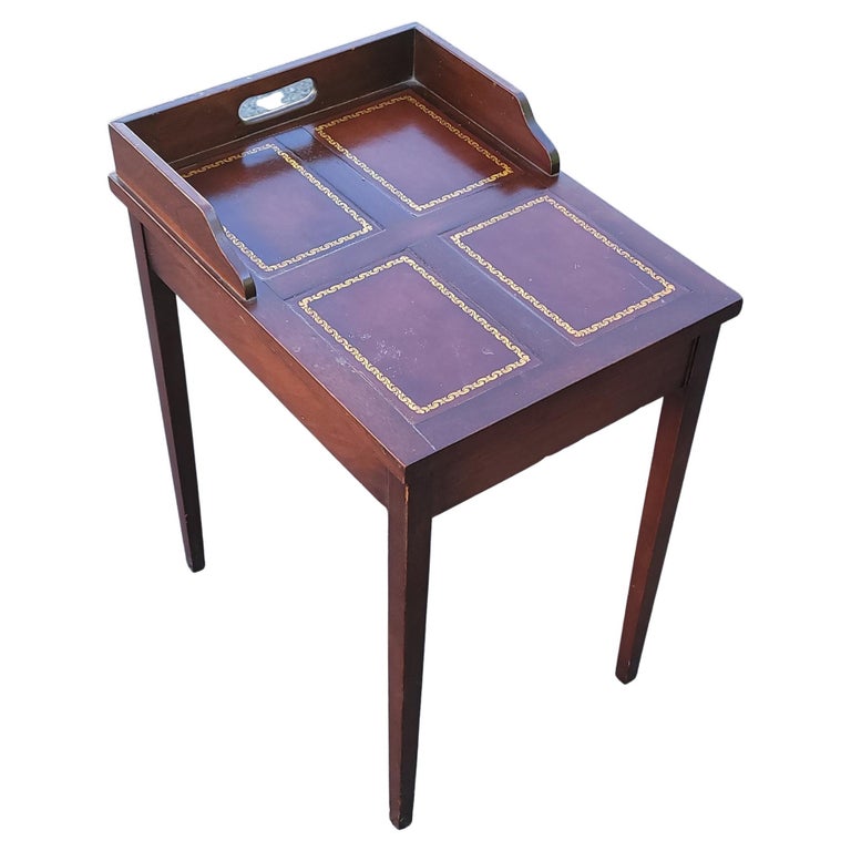 MidCentury Mahogany Stinciled Leather Top Candle Stand Side Table For