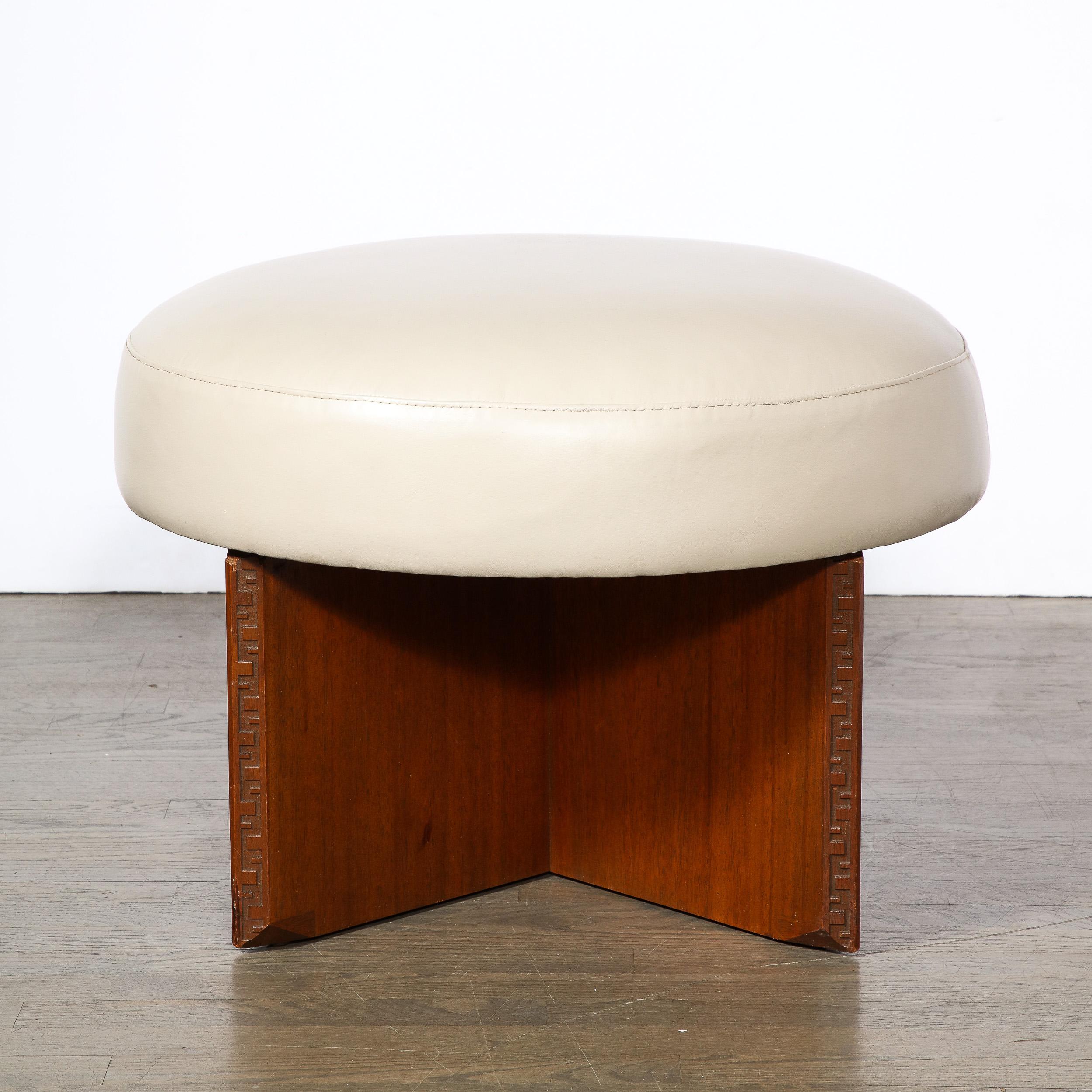 Mid-Century Mahogany Swivel Ottoman in Holly Hunt Leather by Frank Lloyd Wright In Excellent Condition In New York, NY