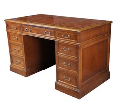 Mid Century Mahogany Tooled Leather Top Kneehole Writing Library Desk 50"