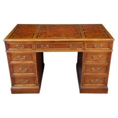 Mid Century Mahogany Tooled Leather Top Kneehole Writing Library Desk 50"