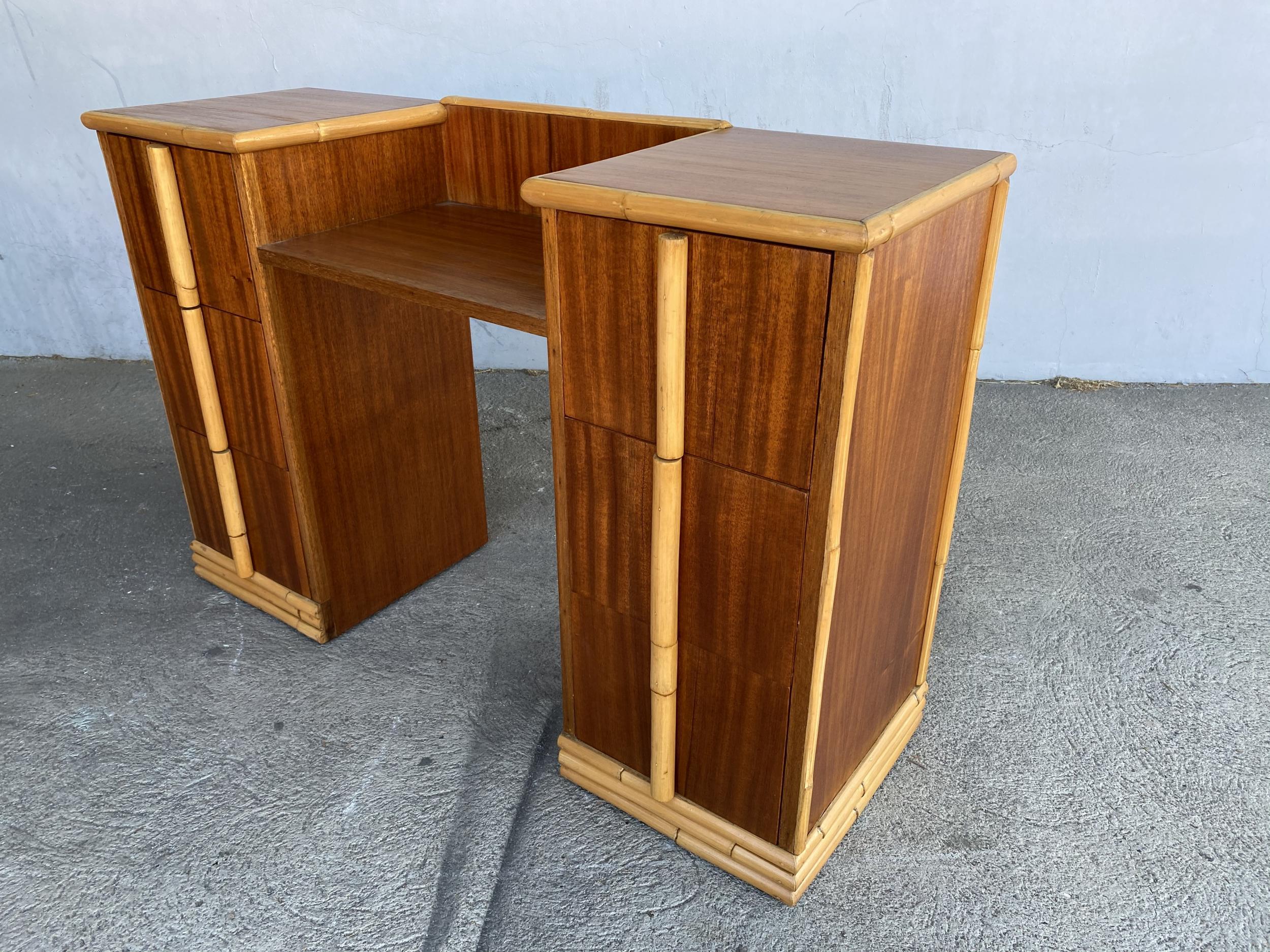 Midcentury Mahogany Vanity with Rattan Accents 4