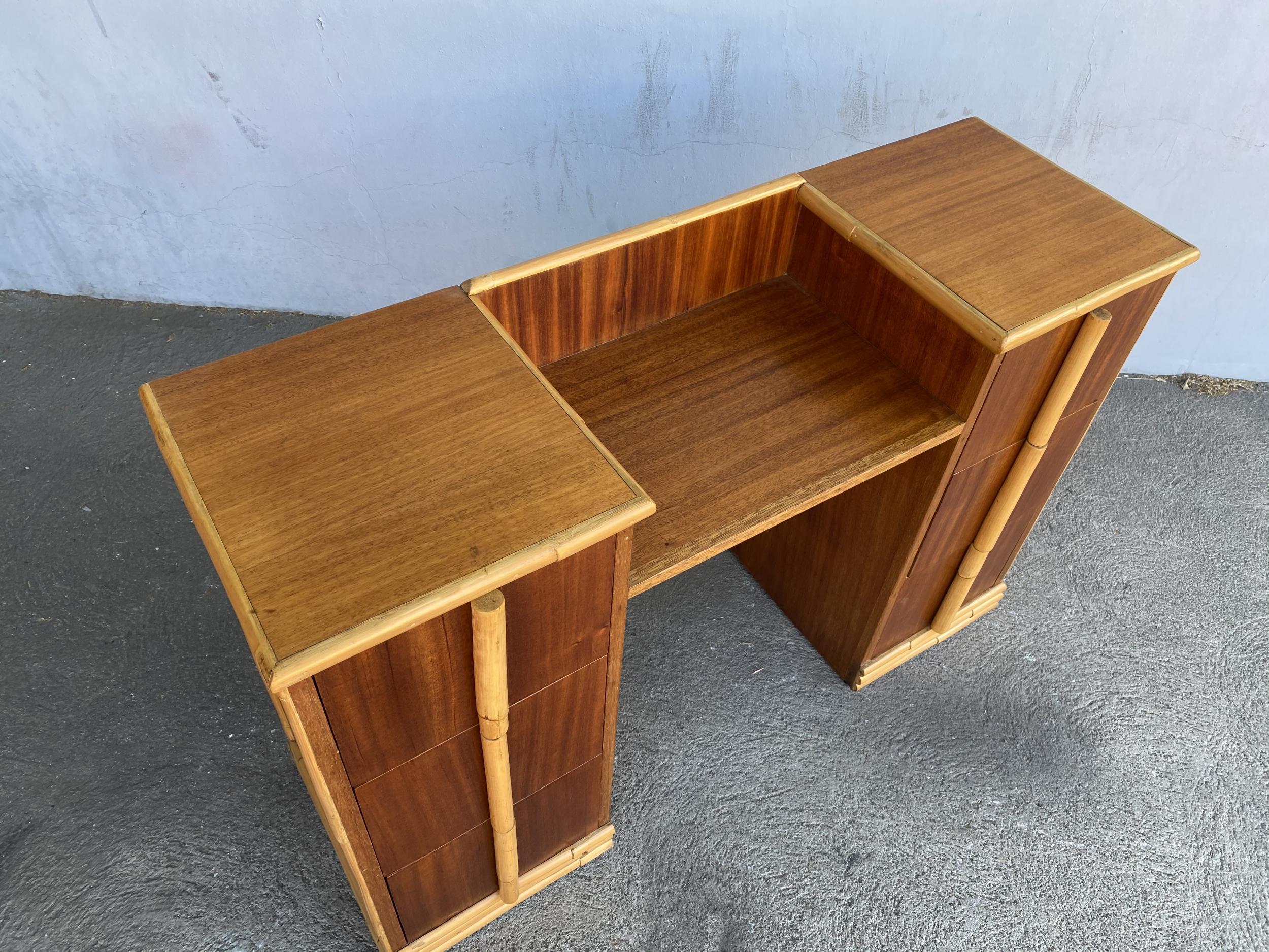 Mid-20th Century Midcentury Mahogany Vanity with Rattan Accents