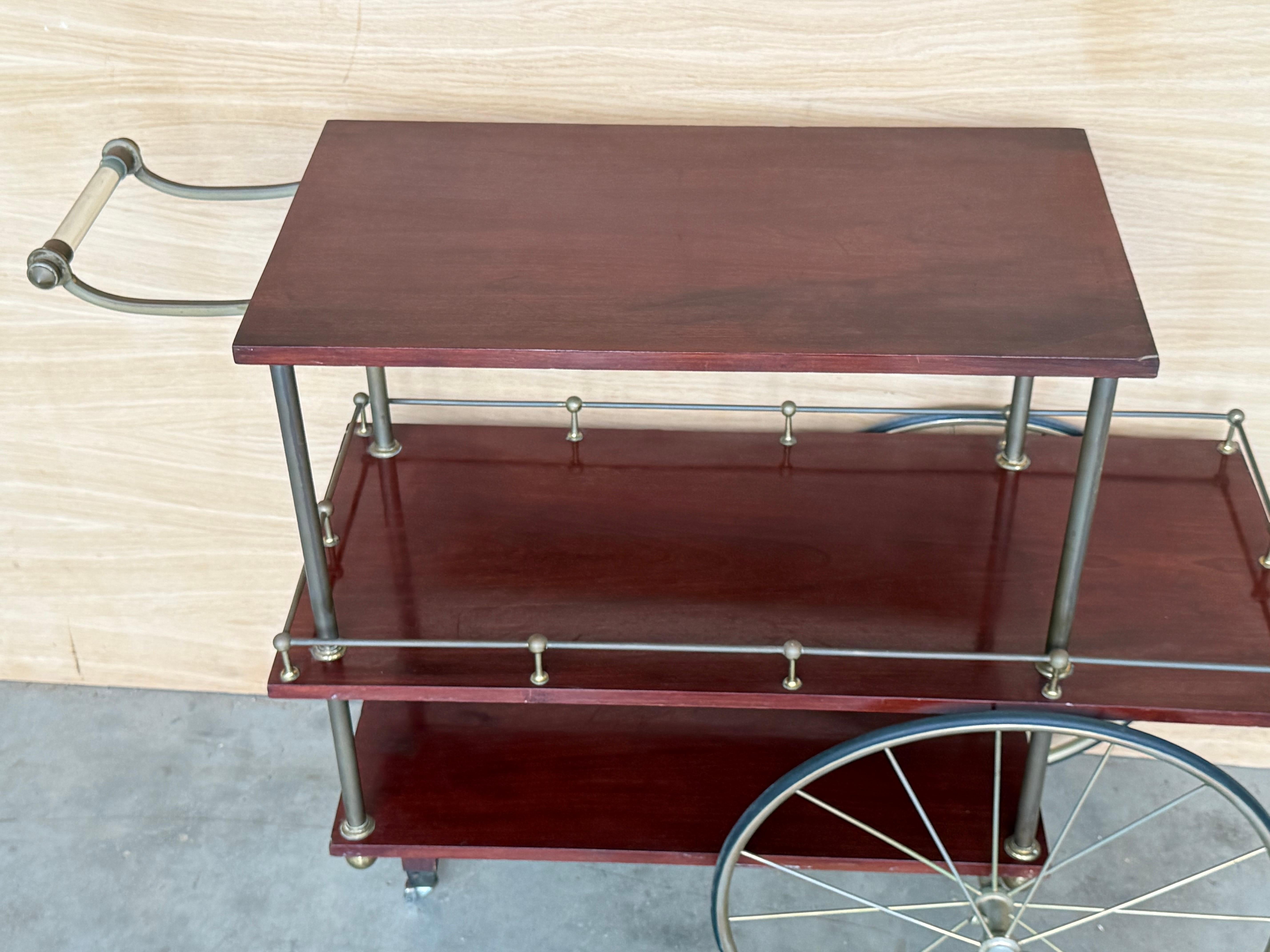Mid-Century Mahogany Wood and Brass Italian Serving Bar Cart, 1960s. Three level For Sale 4