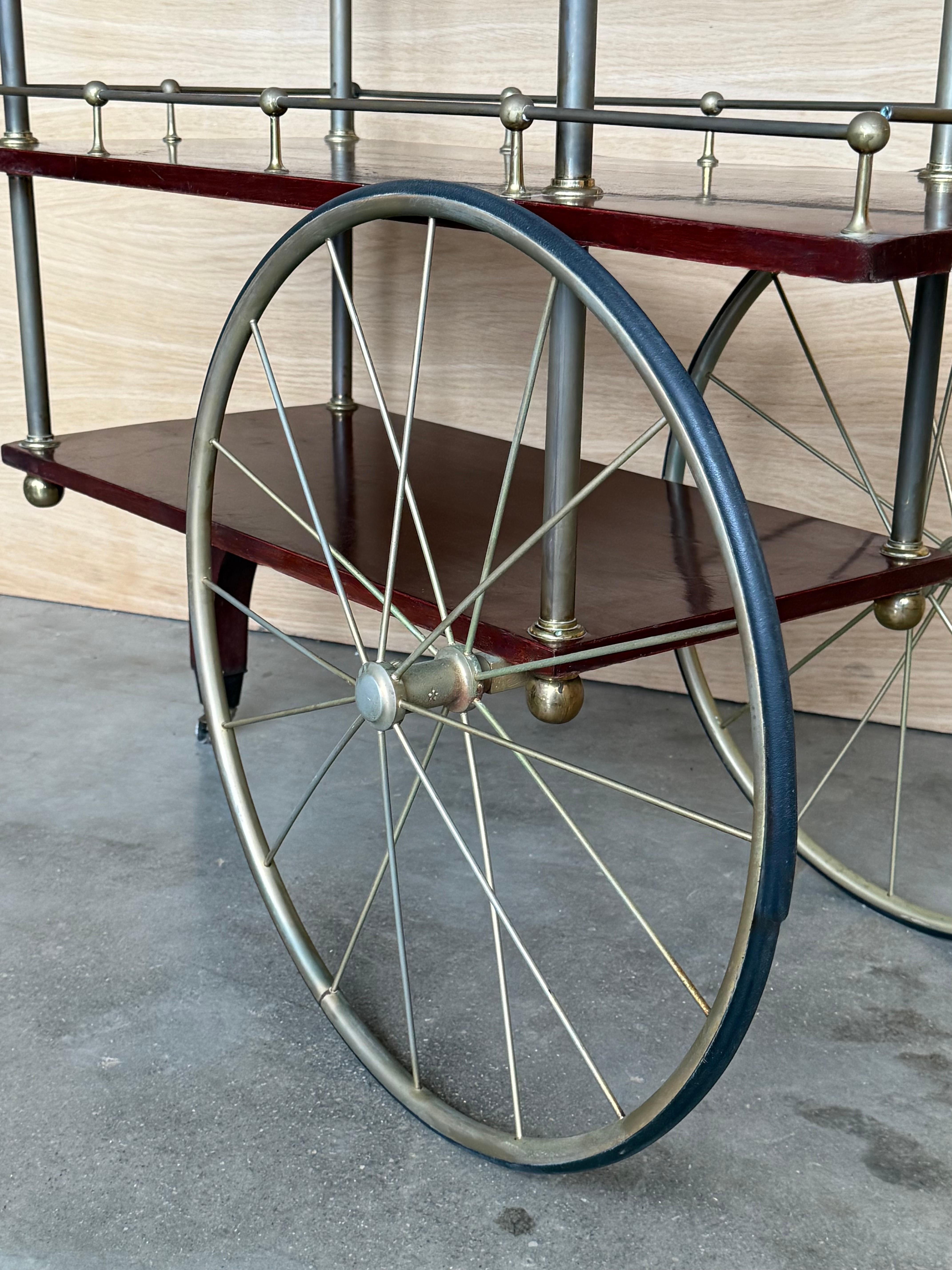 Mid-Century Mahogany Wood and Brass Italian Serving Bar Cart, 1960s. Three level For Sale 9