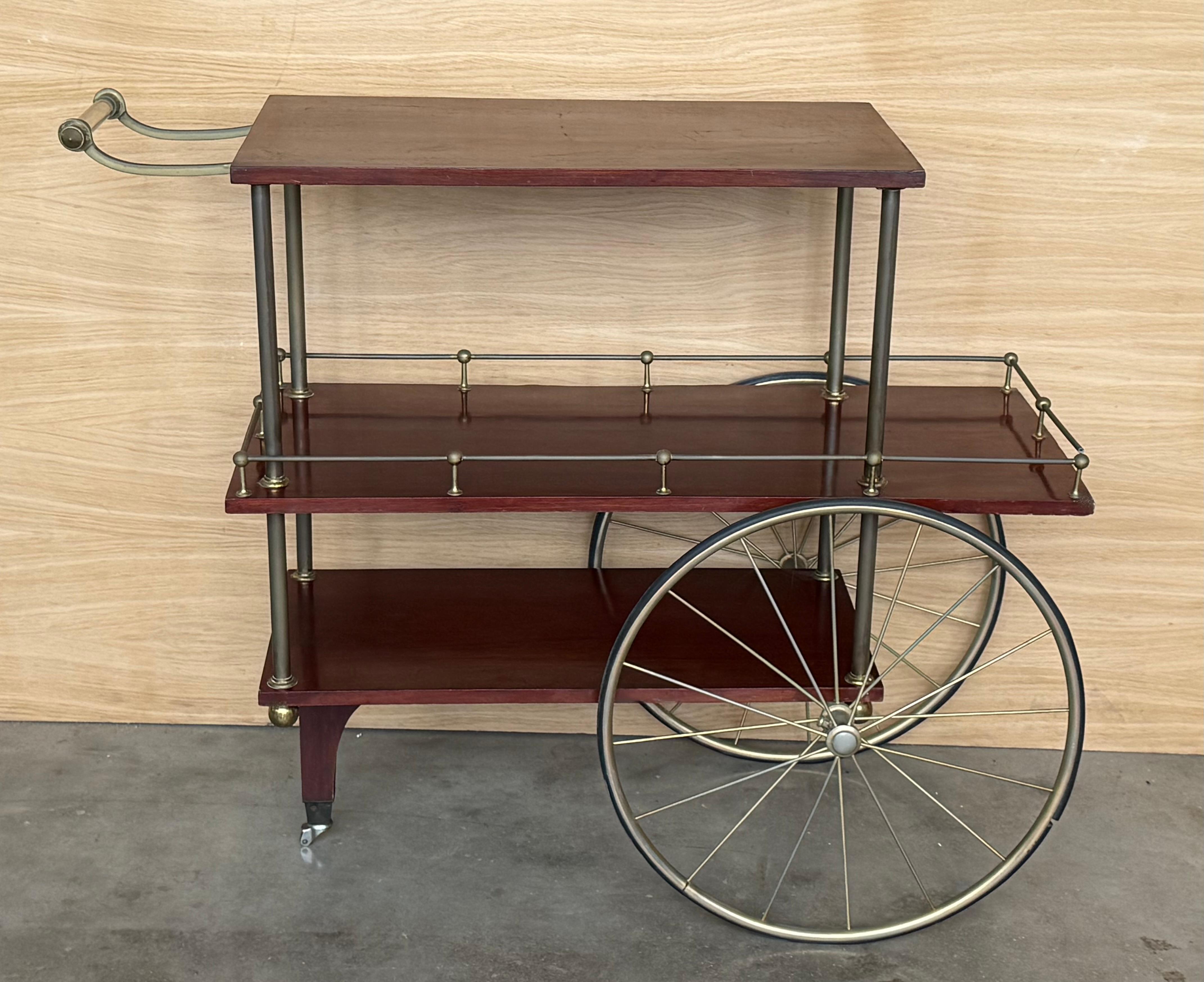 Mid-Century Modern Mid-Century Mahogany Wood and Brass Italian Serving Bar Cart, 1960s. Three level For Sale