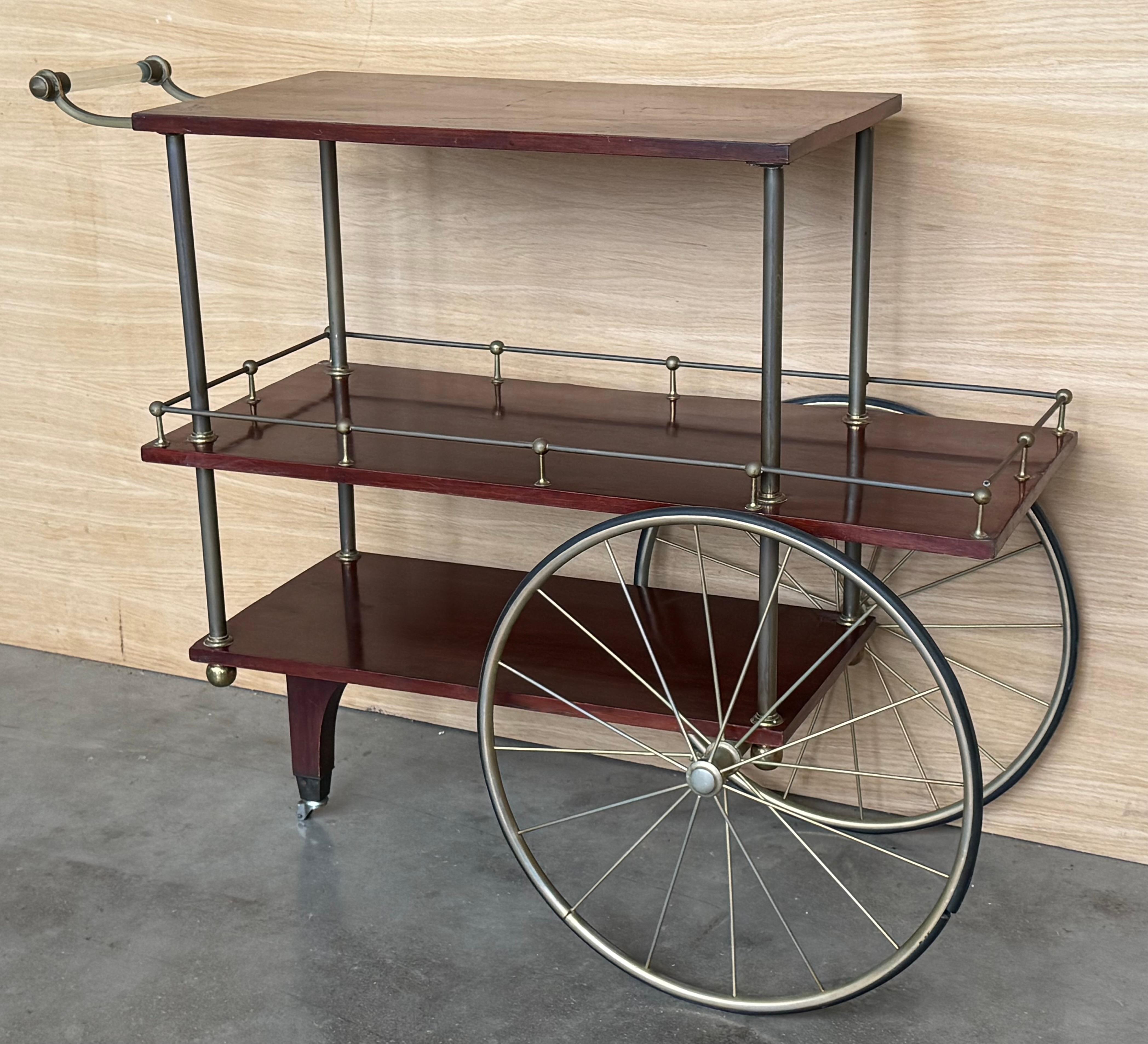 20th Century Mid-Century Mahogany Wood and Brass Italian Serving Bar Cart, 1960s. Three level For Sale