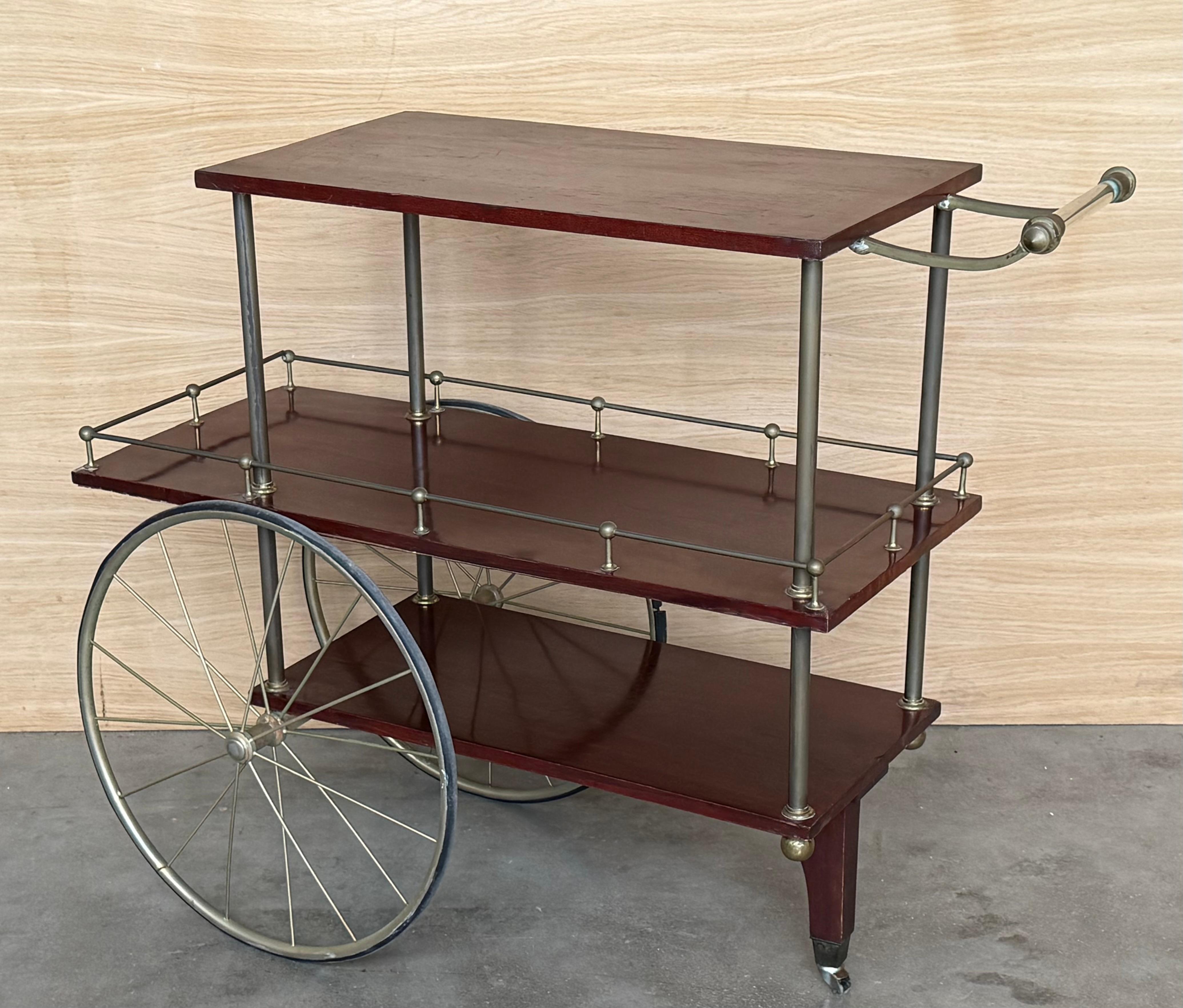 Bronze Mid-Century Mahogany Wood and Brass Italian Serving Bar Cart, 1960s. Three level For Sale