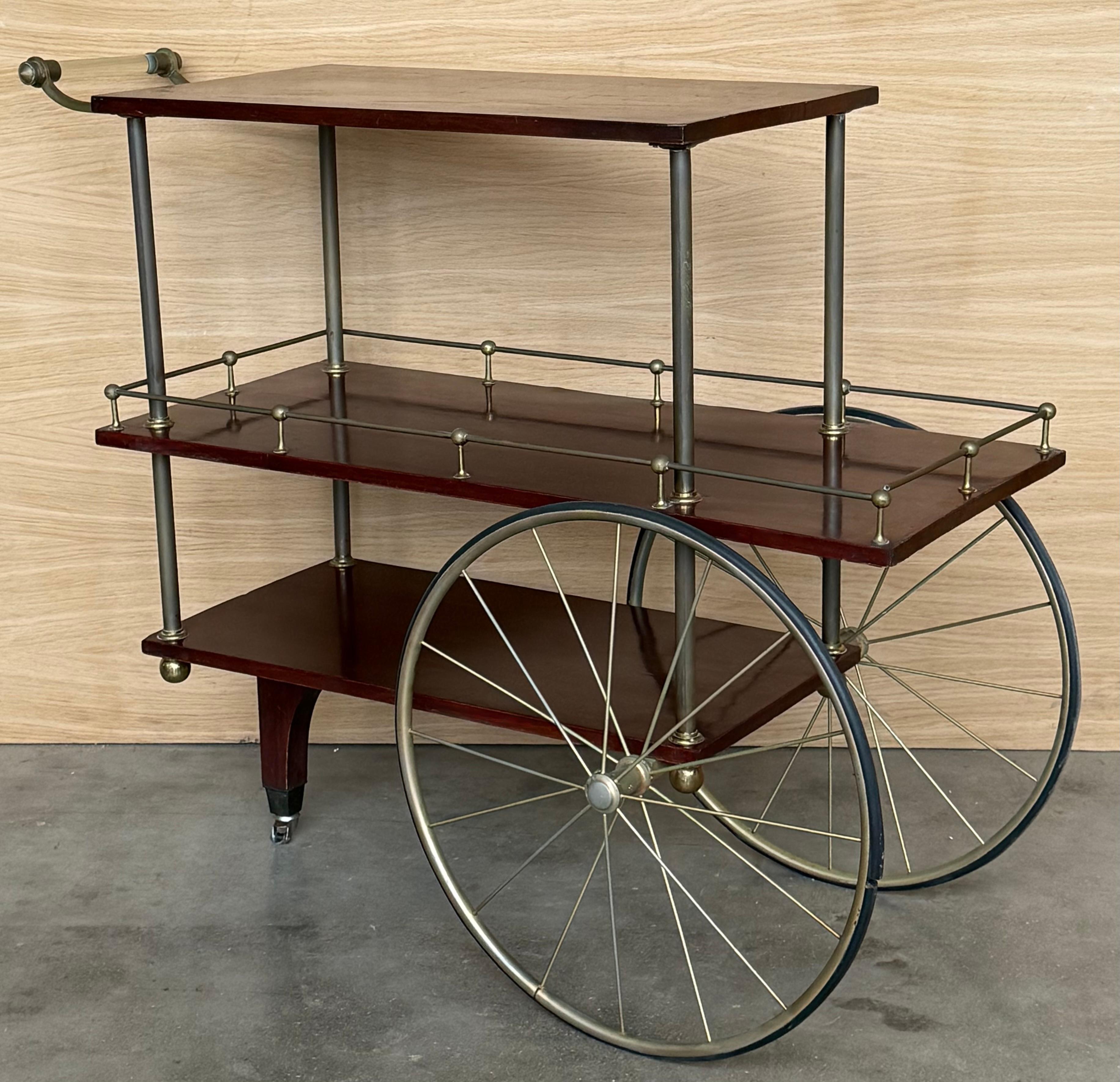 Mid-Century Mahogany Wood and Brass Italian Serving Bar Cart, 1960s. Three level For Sale 1