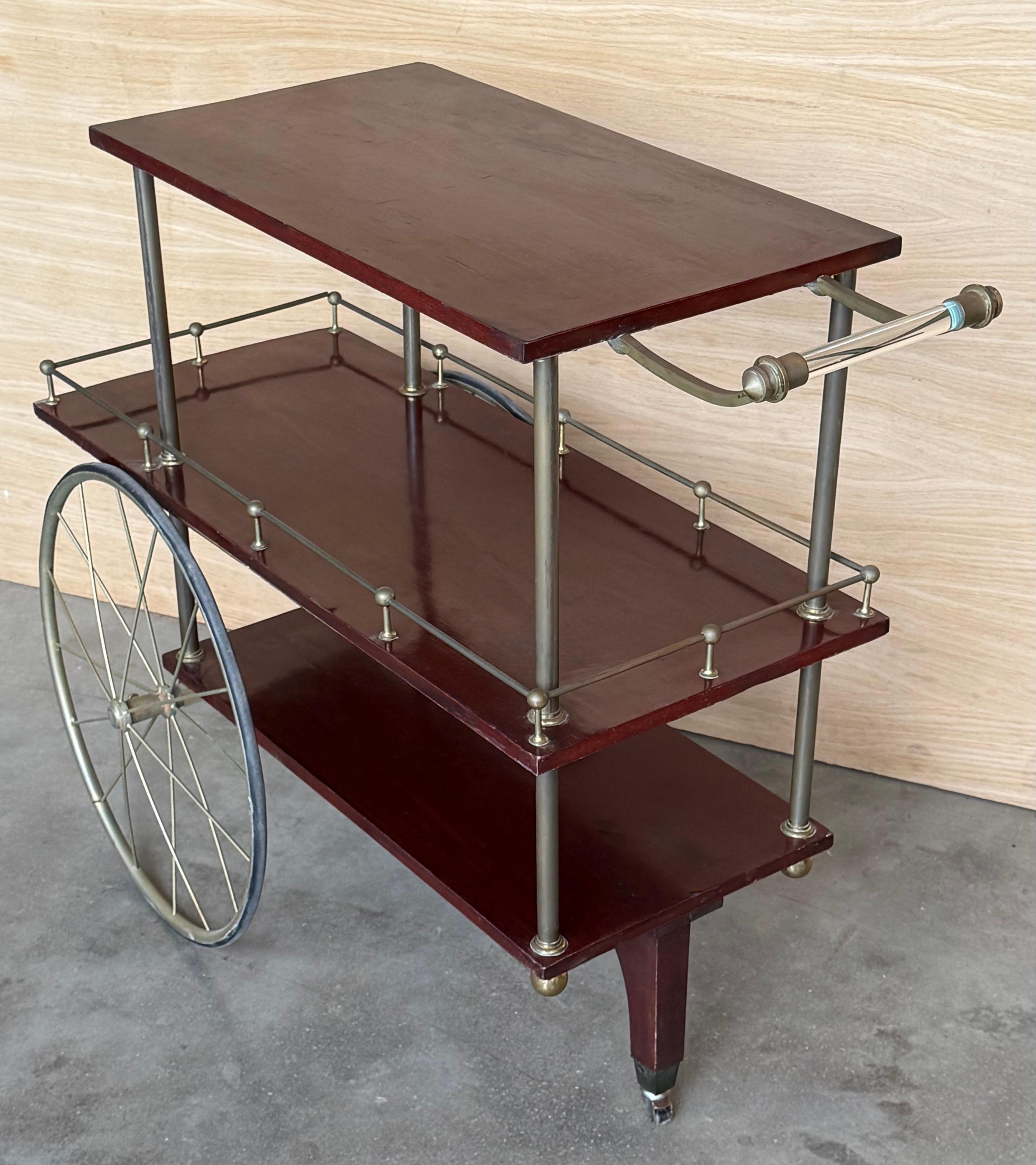 Mid-Century Mahogany Wood and Brass Italian Serving Bar Cart, 1960s. Three level For Sale 2