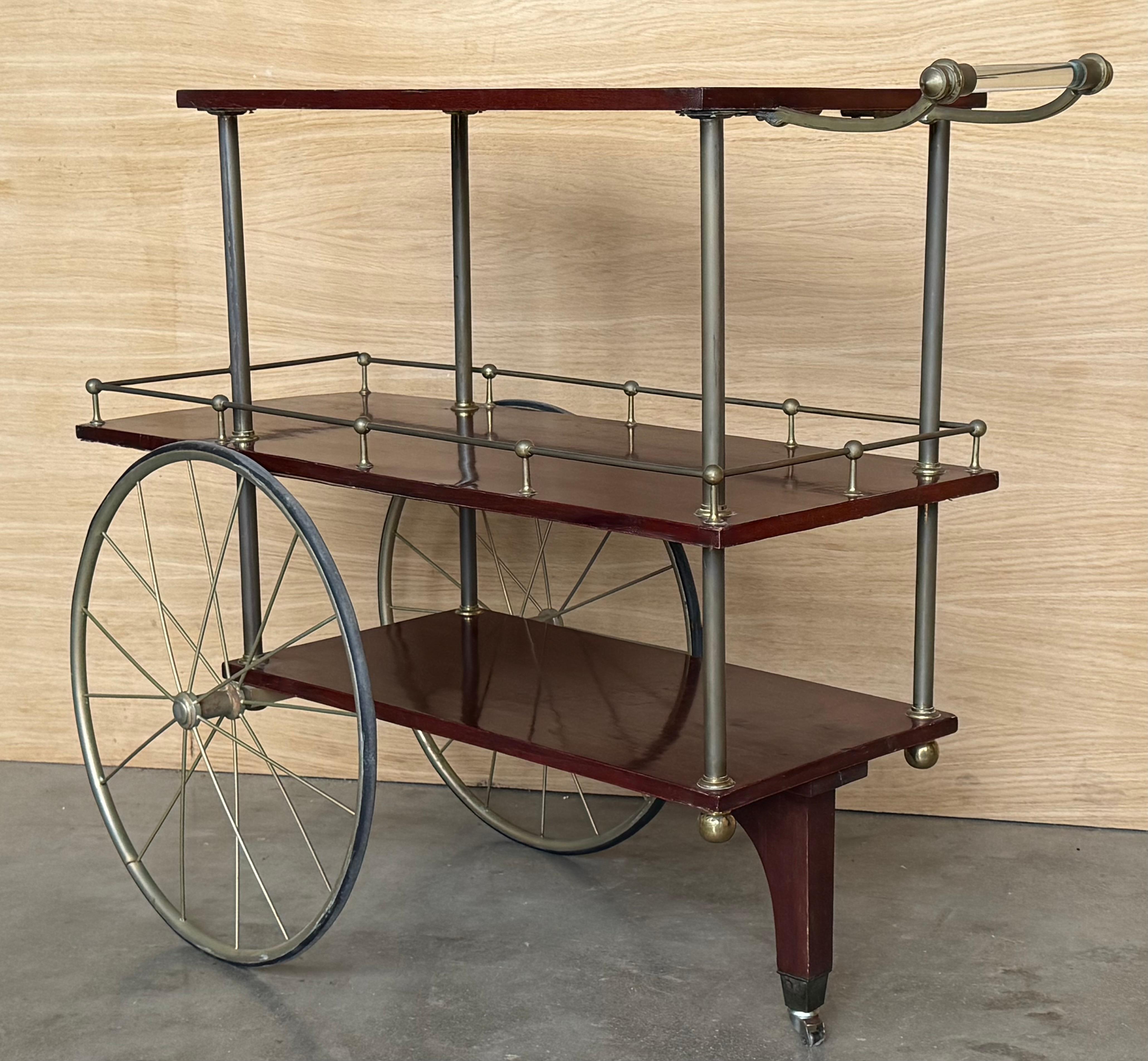 Mid-Century Mahogany Wood and Brass Italian Serving Bar Cart, 1960s. Three level For Sale 3