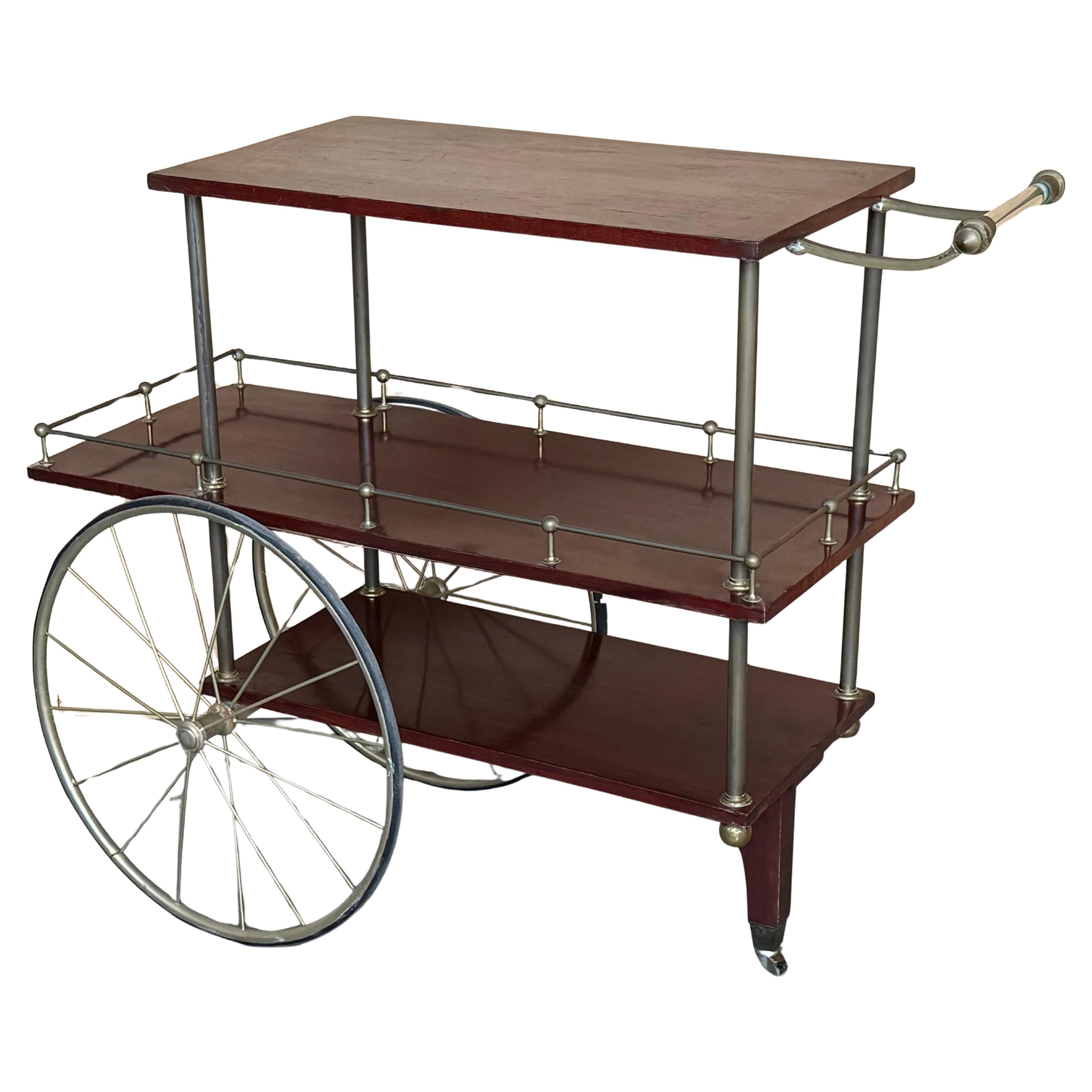 Mid-Century Mahogany Wood and Brass Italian Serving Bar Cart, 1960s. Three level For Sale