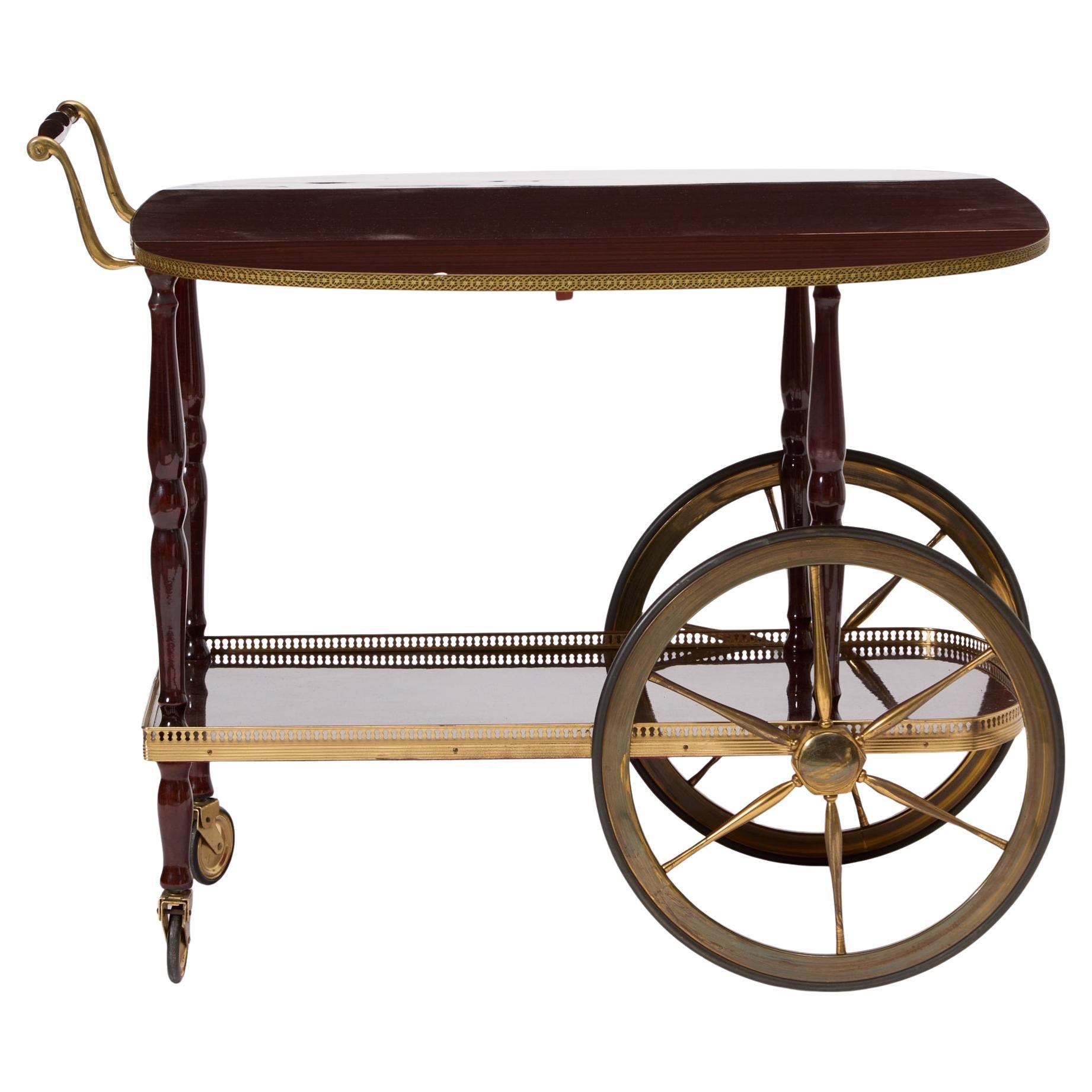 Carrello da bar e carrello da tè tedesco in legno di mogano e ottone, metà secolo 1960 in vendita