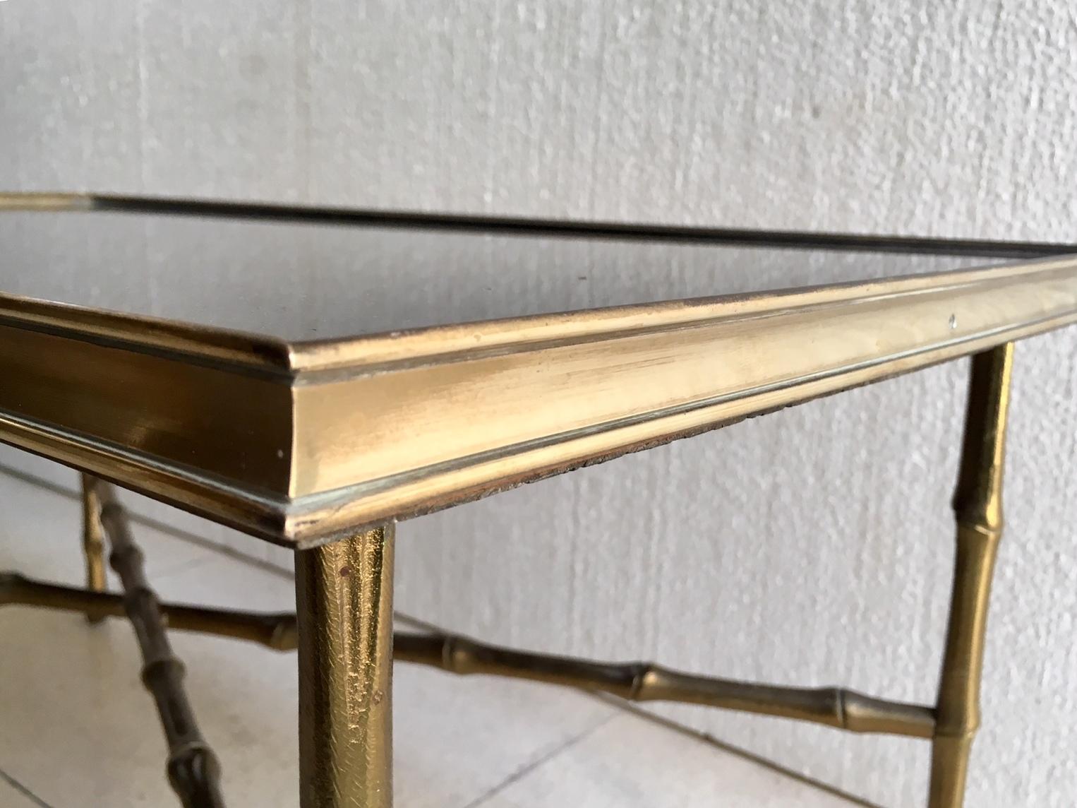 French Mid-Century Maison Bagues Style Brass Faux Baboo Coffee Table For Sale