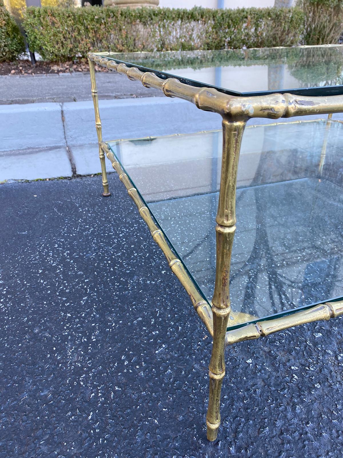 Mid Century Maison Baguès Style Bronze Faux Bamboo Square Two-Tier Coffee Table In Good Condition In Atlanta, GA