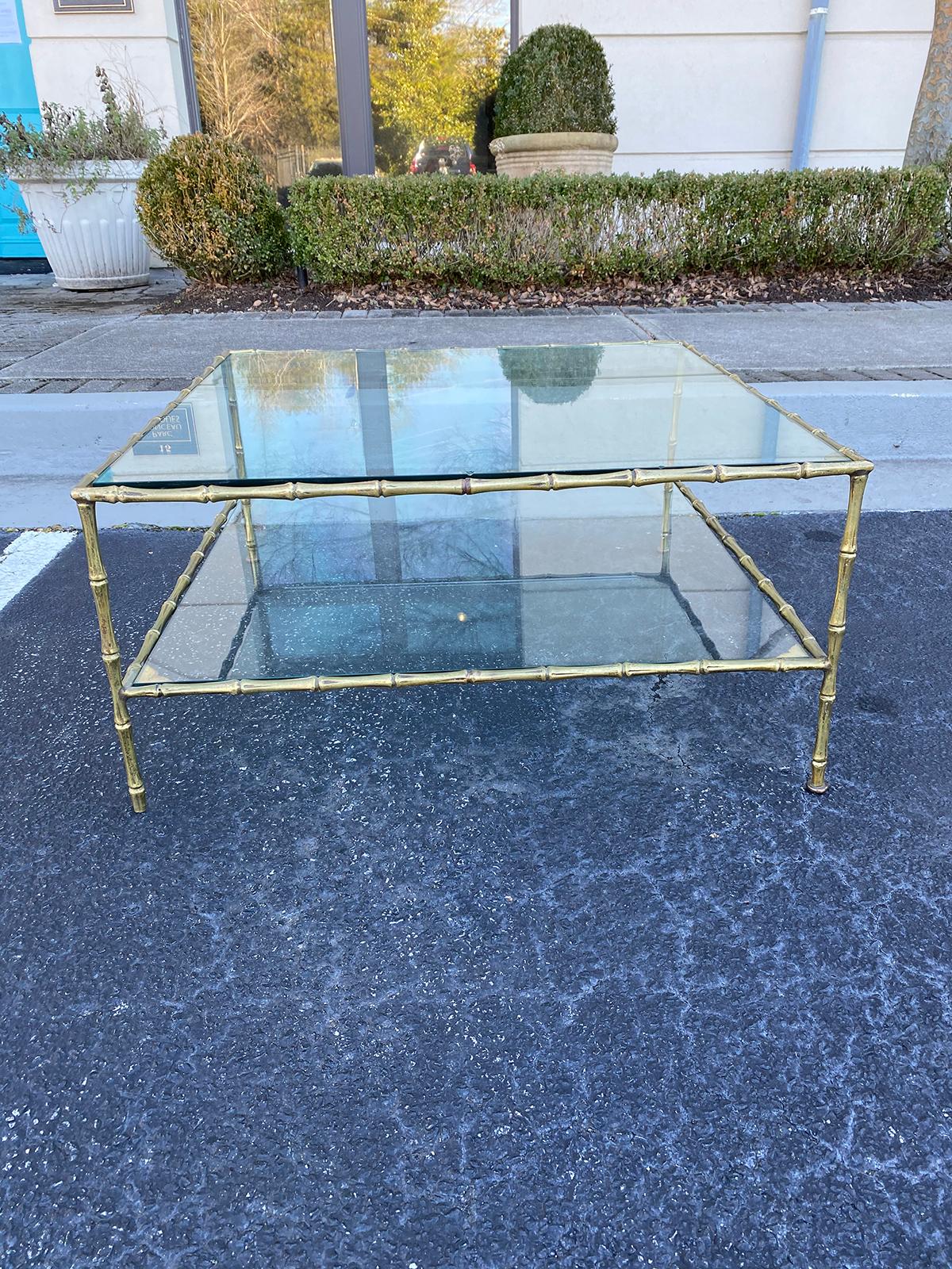 20th Century Mid Century Maison Baguès Style Bronze Faux Bamboo Square Two-Tier Coffee Table