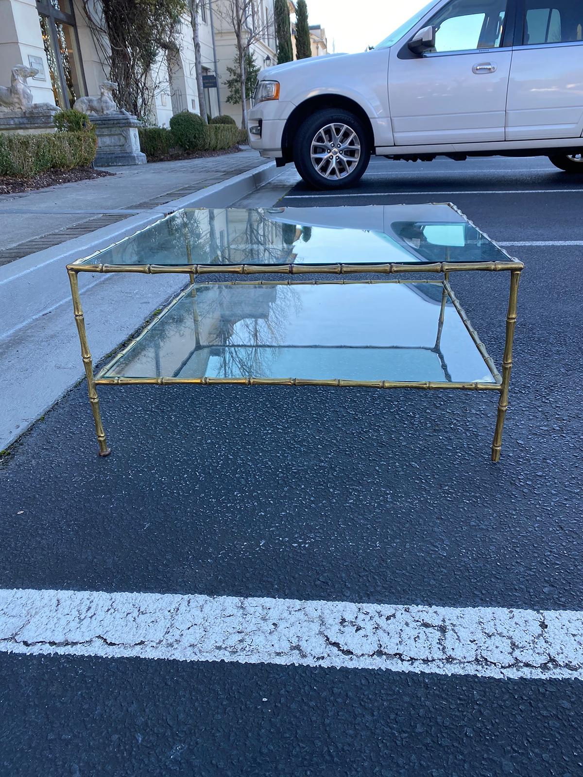 Mid Century Maison Baguès Style Bronze Faux Bamboo Square Two-Tier Coffee Table 1