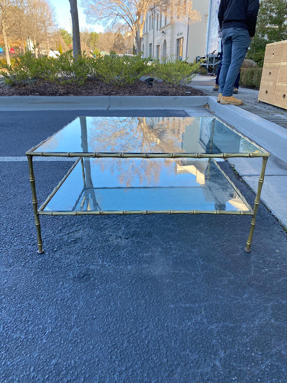 Mid Century Maison Baguès Style Bronze Faux Bamboo Square Two-Tier Coffee Table 4