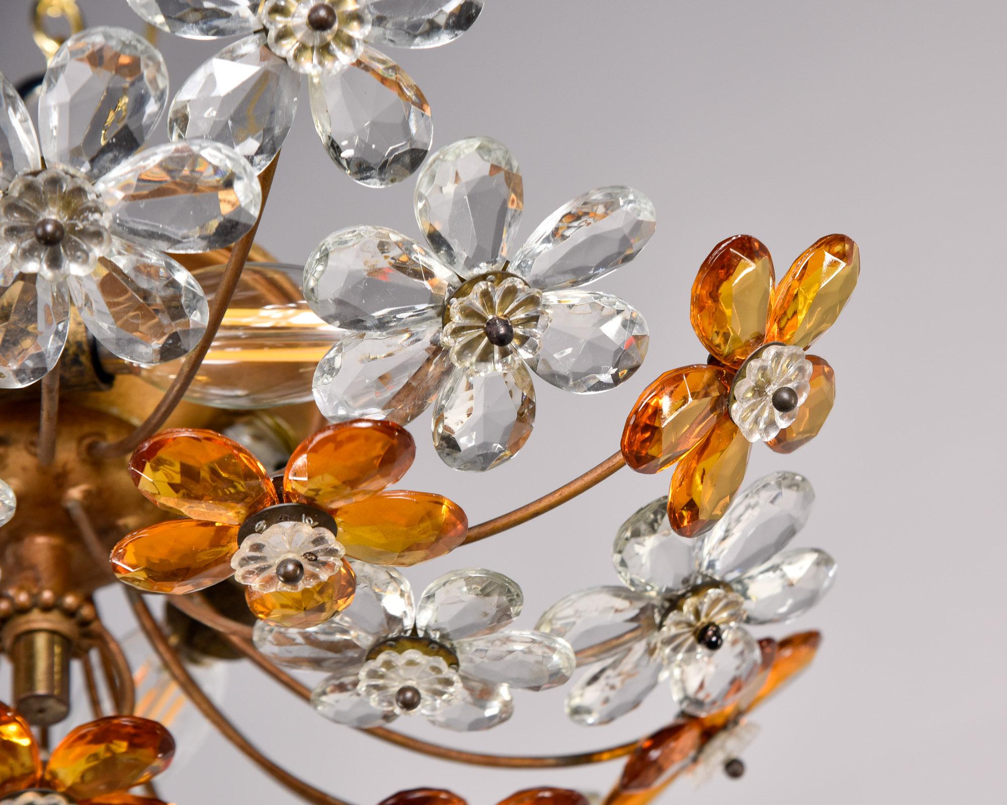 Mid-Century Modern Plafonnier à fleur en cristal de style Maison Bagues du milieu du siècle dernier en vente