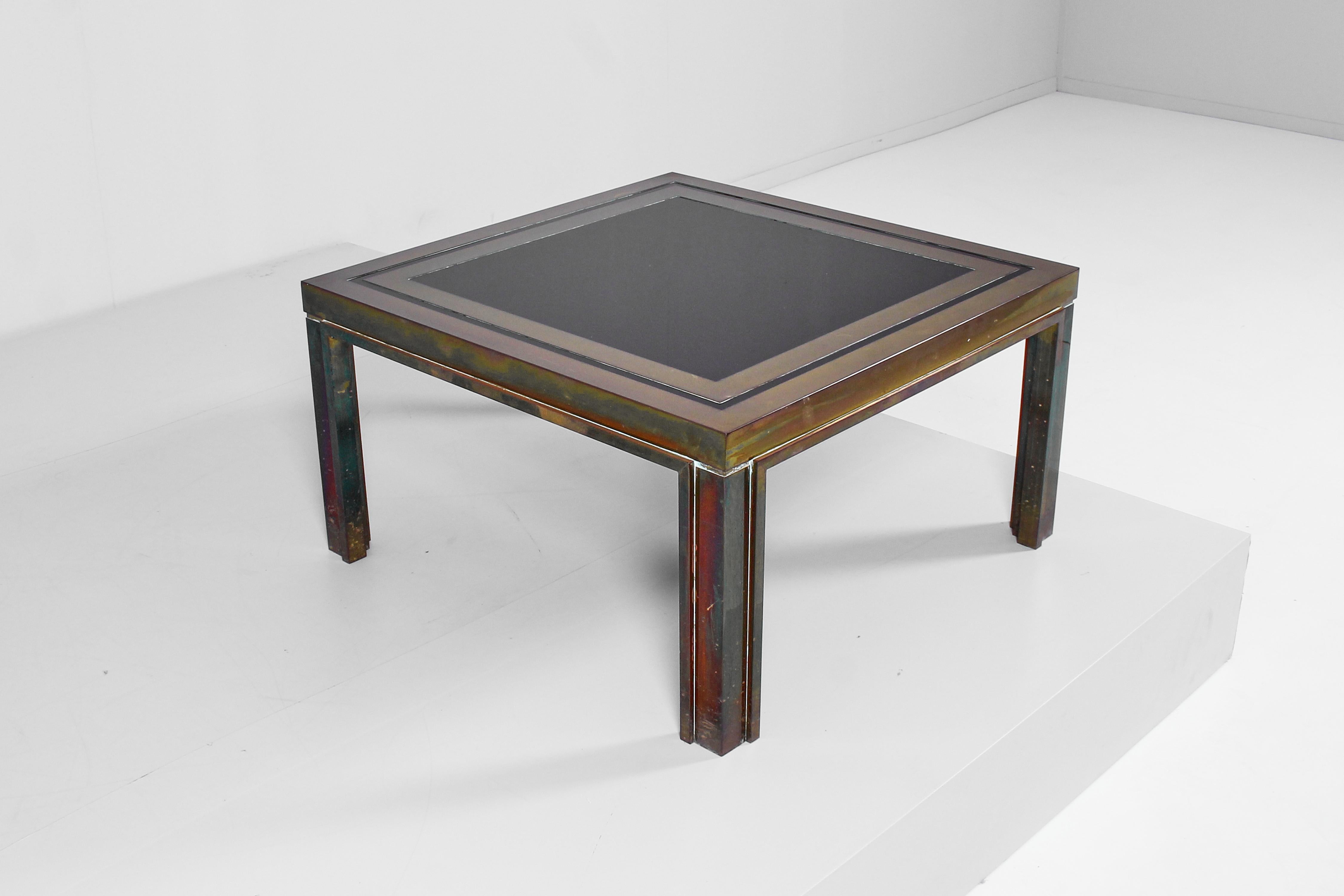Midcentury Maison Jansen Brass and Dark Glass Coffee Table 70s, France In Good Condition For Sale In Palermo, IT