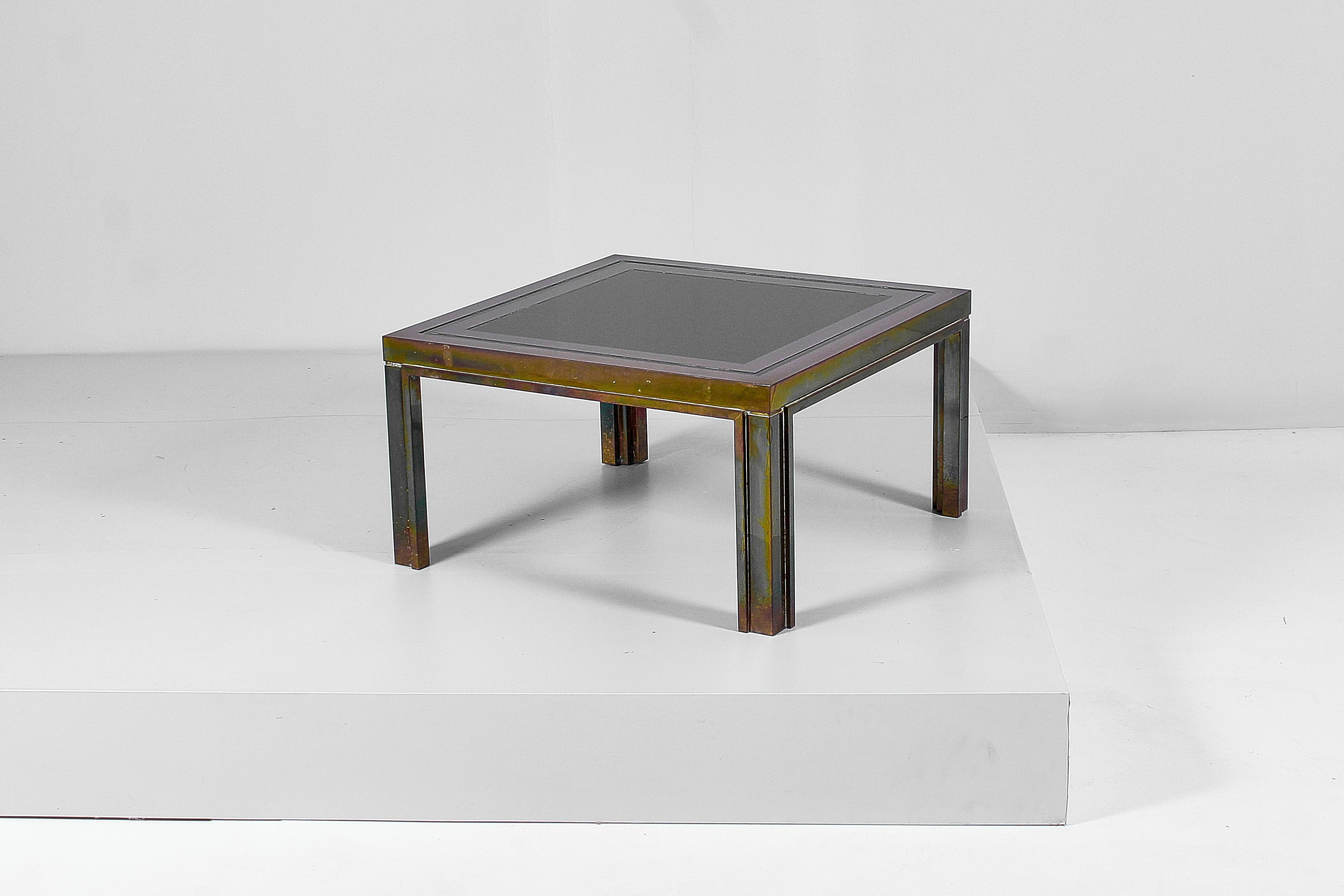 Late 20th Century Midcentury Maison Jansen Brass and Dark Glass Coffee Table 70s, France For Sale