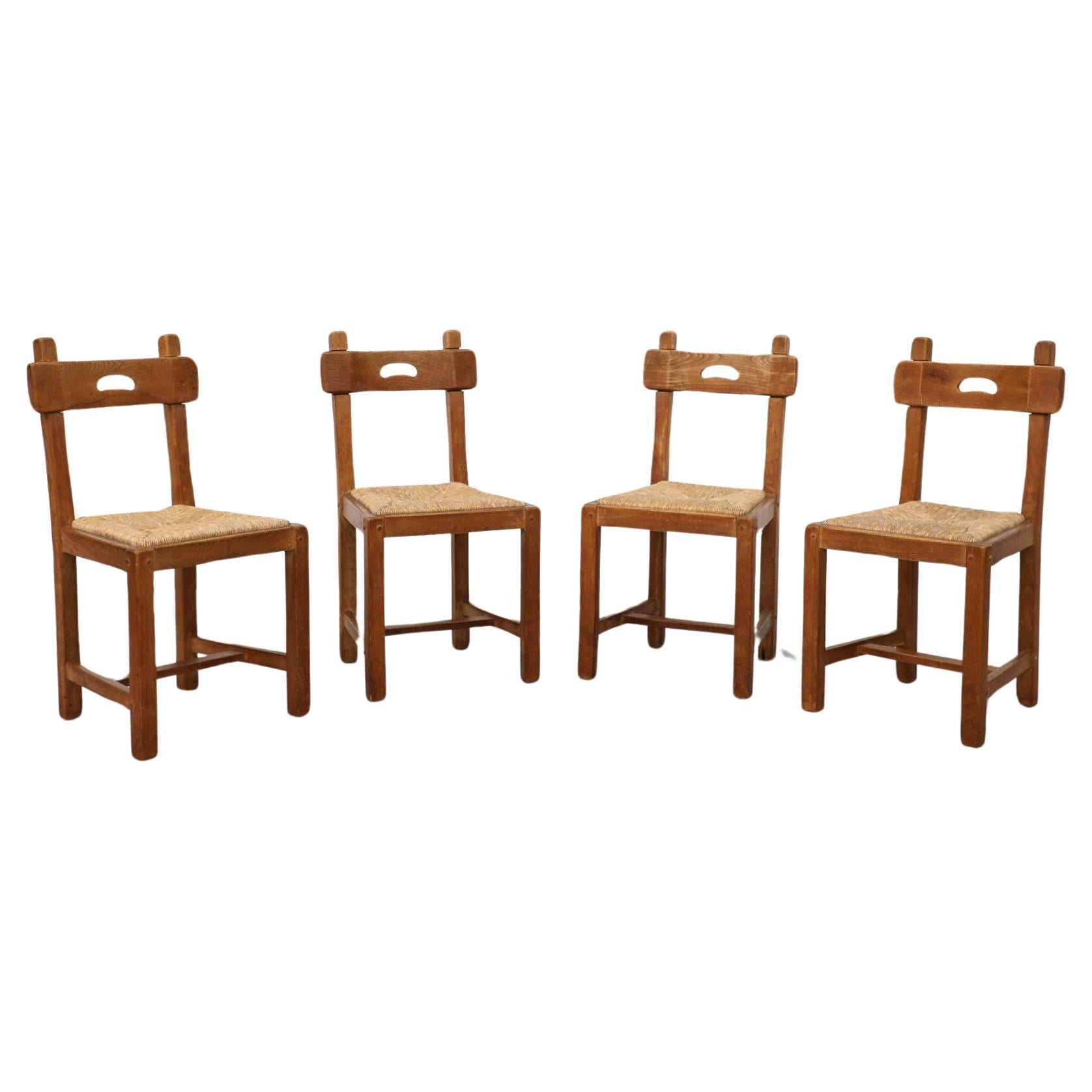 Mid-Century Maison Regain Style Solid Oak and Rush Dining Chairs