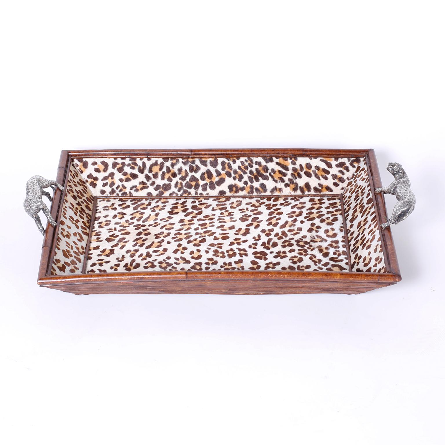 Midcentury Maitland-Smith Rattan Leopard Tray In Good Condition In Palm Beach, FL