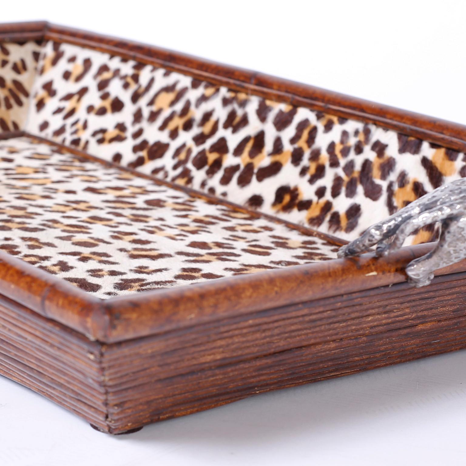 Midcentury Maitland-Smith Rattan Leopard Tray 1