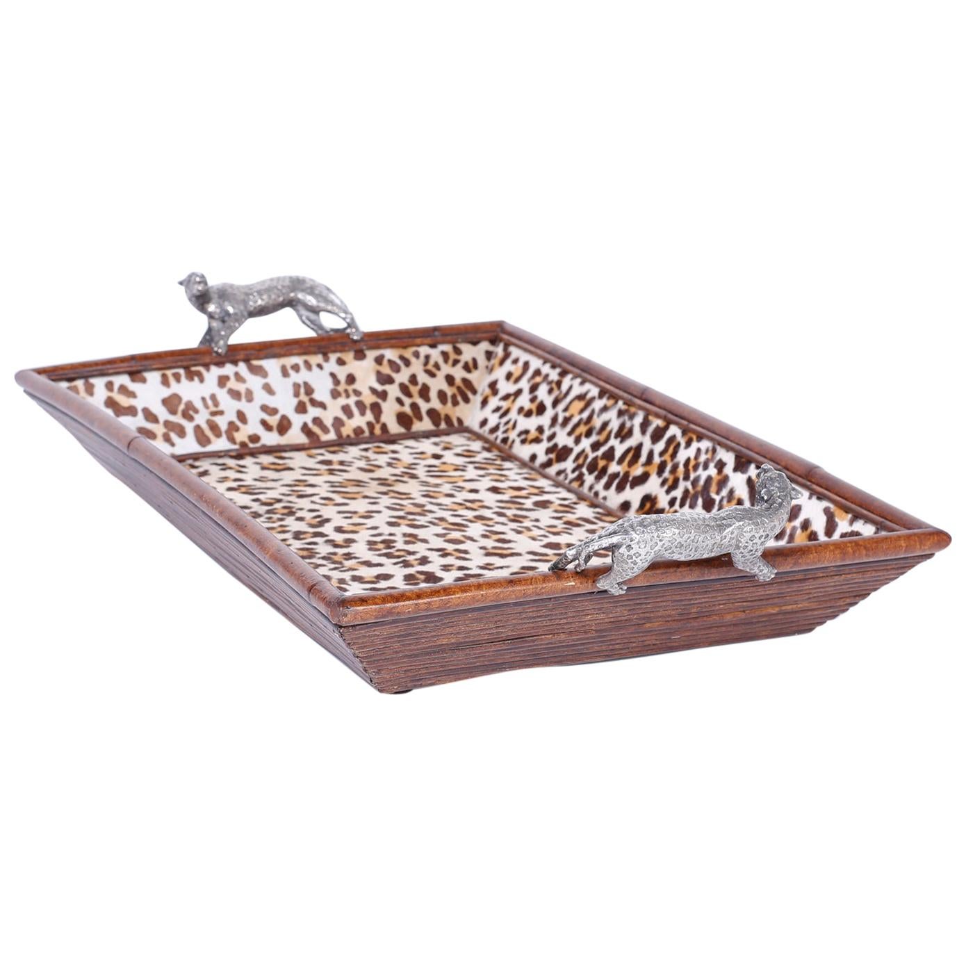 Midcentury Maitland-Smith Rattan Leopard Tray