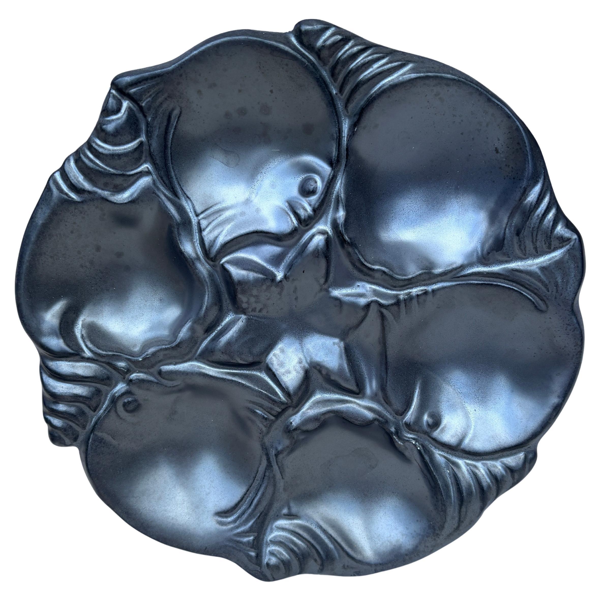Mid-Century Majolica Black Oyster Plate Vallauris For Sale