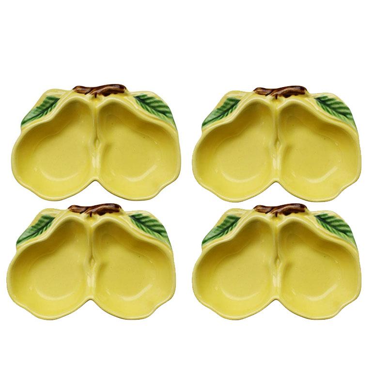 Mid-Century Modern Mid Century Majolica Ceramic Fruit Dishes and Compote with Lid in Yellow 