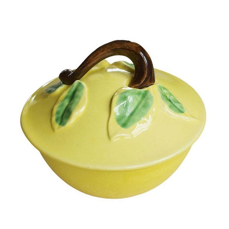 Mid Century Majolica Ceramic Fruit Dishes and Compote with Lid in Yellow  3