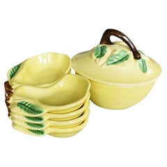 Mid Century Majolica Ceramic Fruit Dishes and Compote with Lid in Yellow 