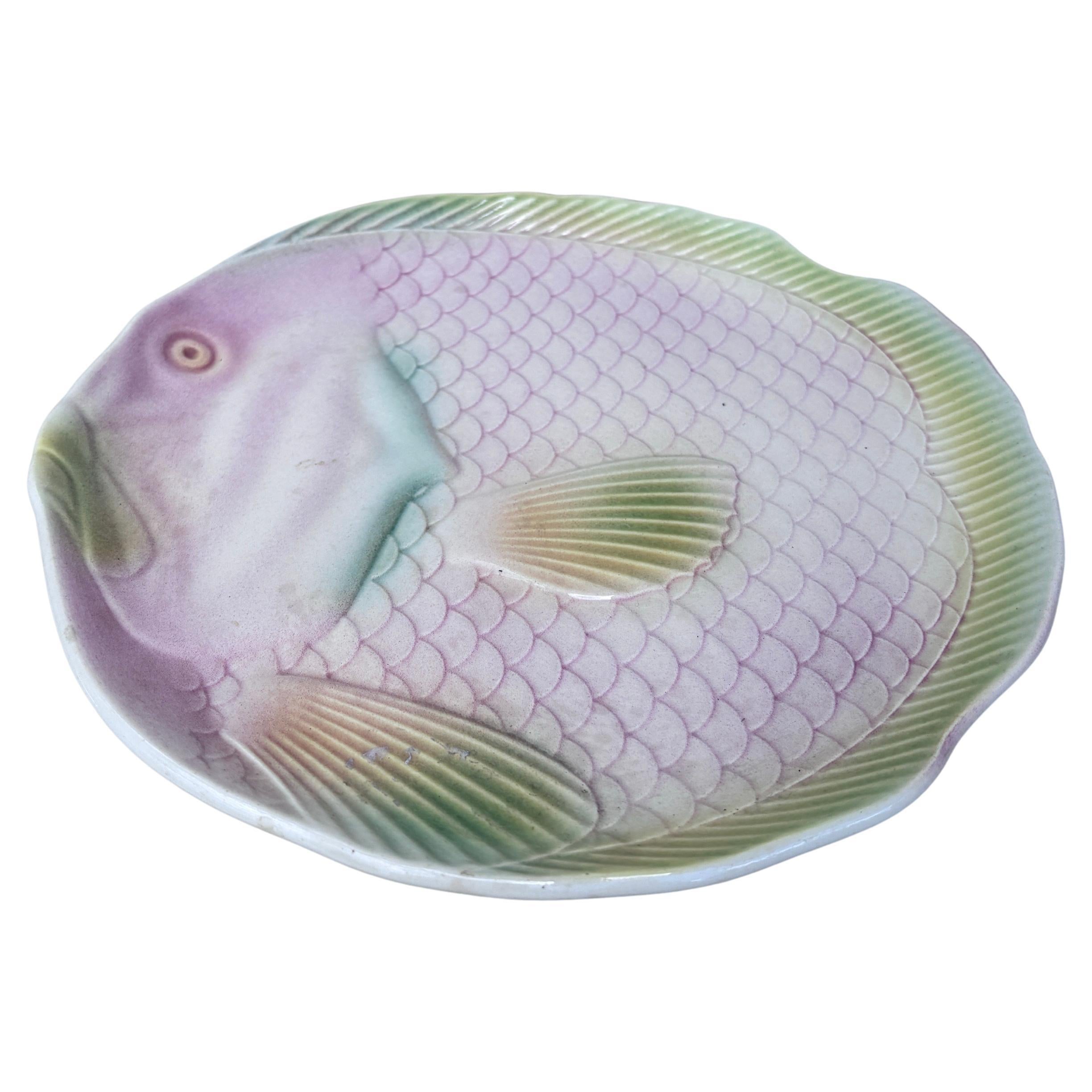 Mid-Century Majolica Fish Plate signed Salins Les Bains.