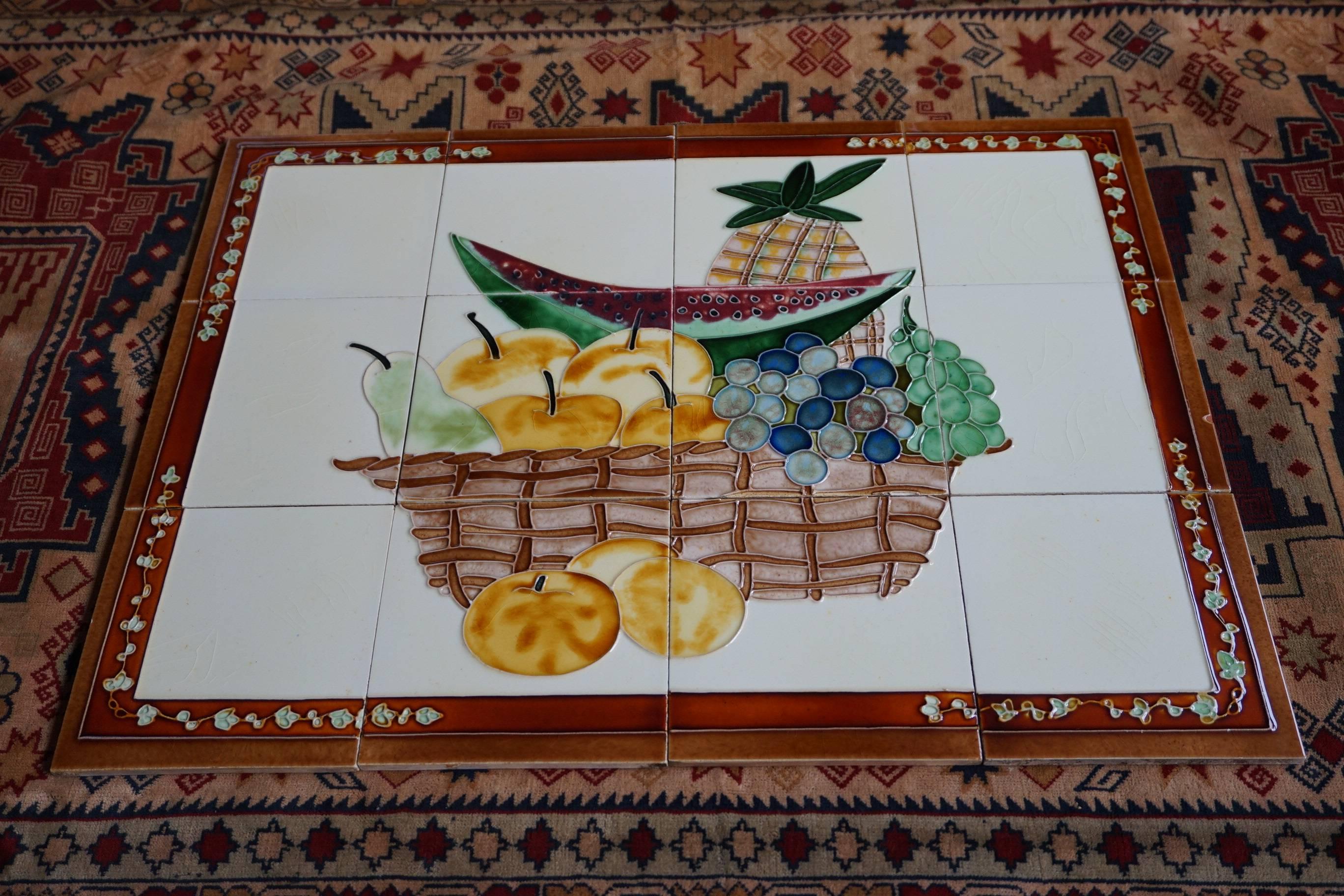 Midcentury Majolica Glazed Tile Tableau Vintage Tiles Painting of Fruit Basket For Sale 1