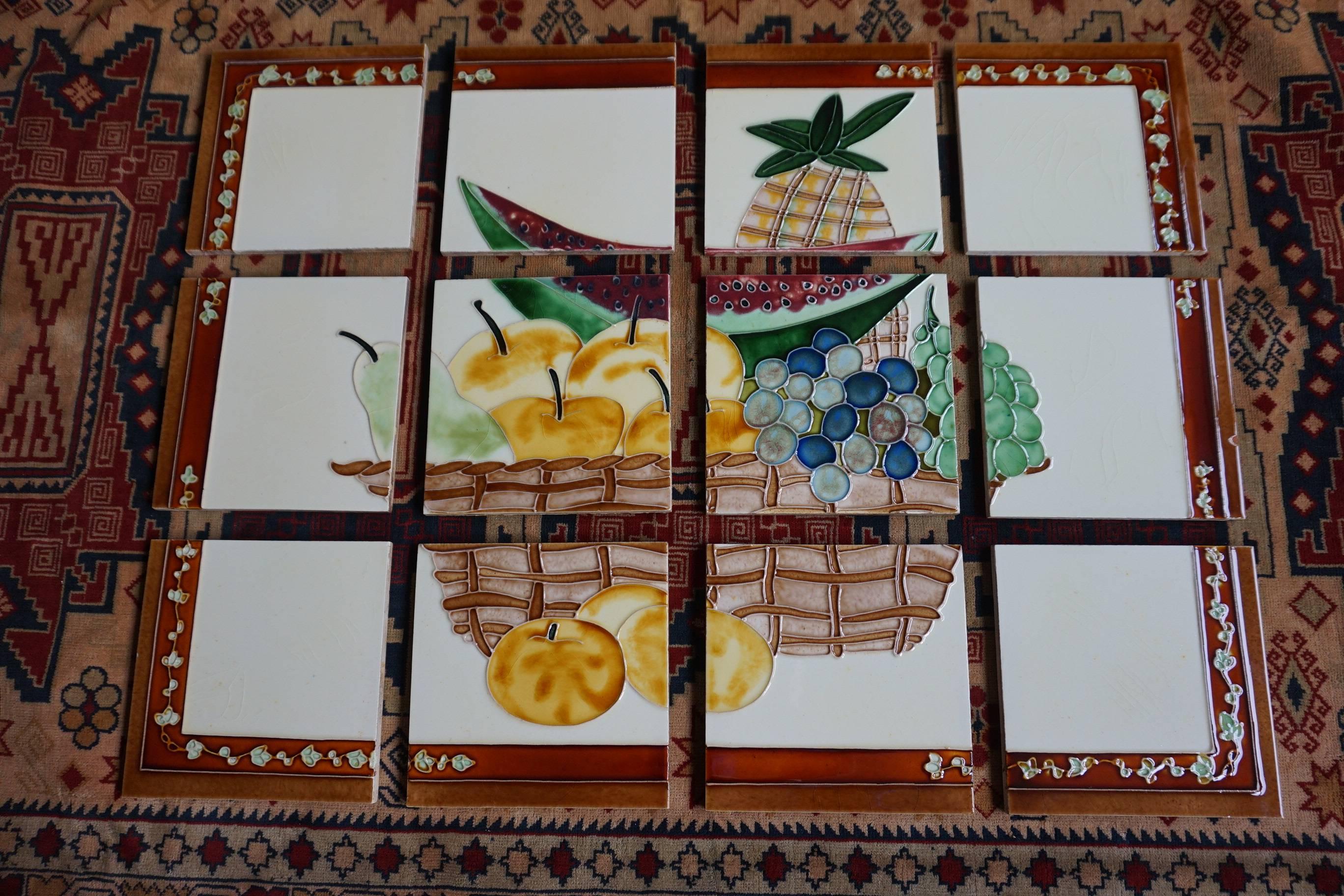 20th Century Midcentury Majolica Glazed Tile Tableau Vintage Tiles Painting of Fruit Basket For Sale
