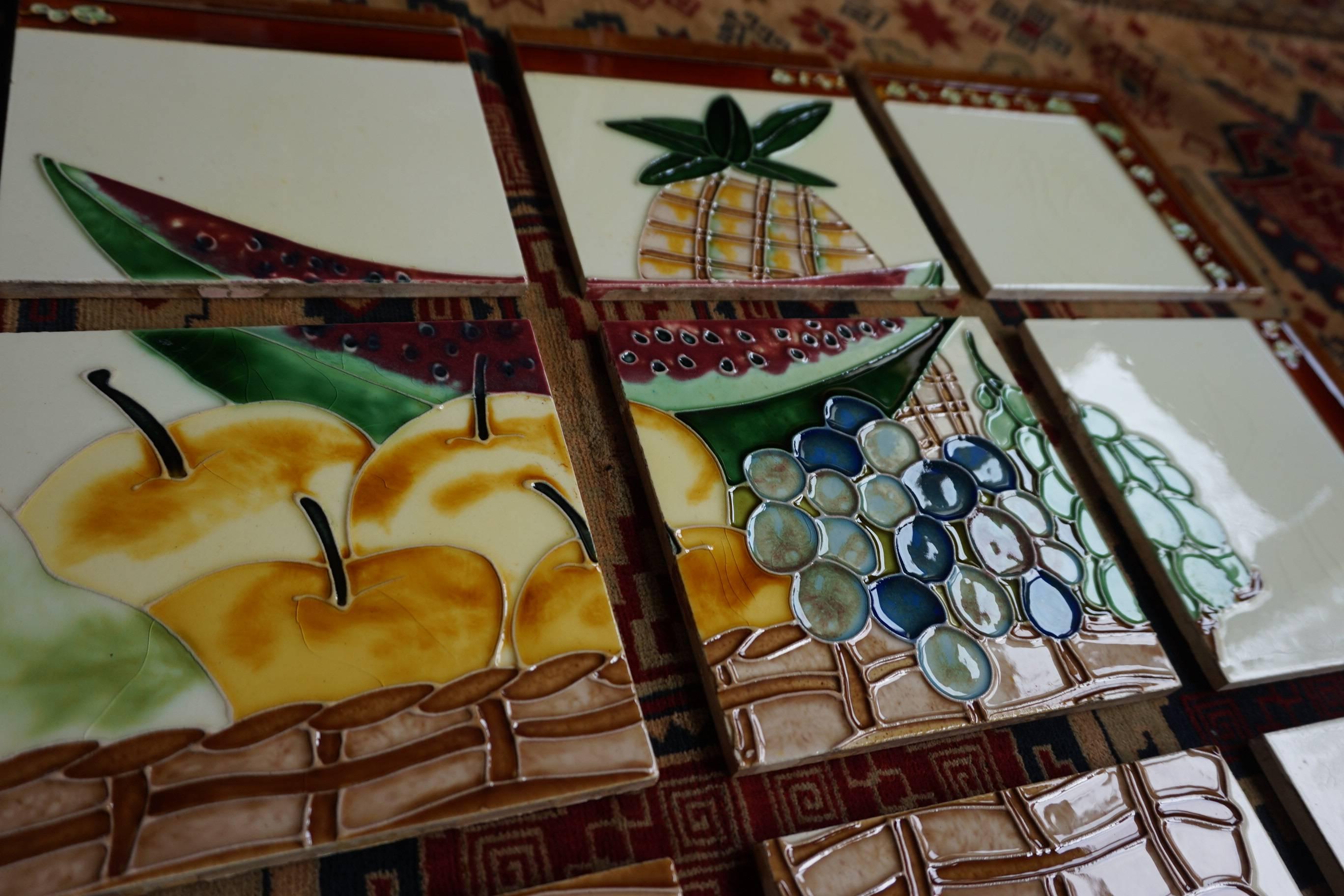 Ceramic Midcentury Majolica Glazed Tile Tableau Vintage Tiles Painting of Fruit Basket For Sale
